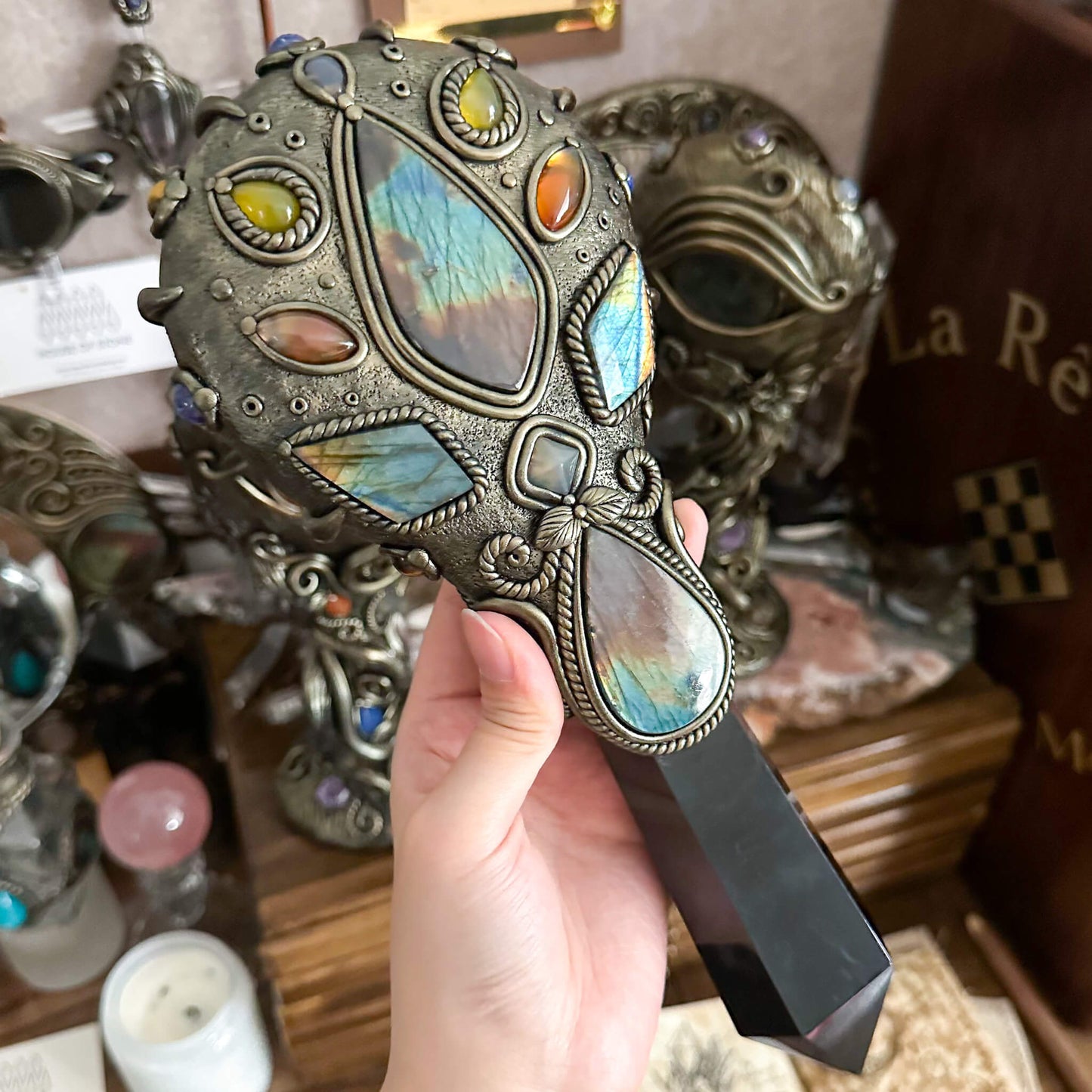 Handmade Natural Black Obsidian Mirror/Magic Obsidian Witch Wand/Crystal Quartz Wand/Scrying Mirror Wand/Root Chakra/Manifest Altar Tool