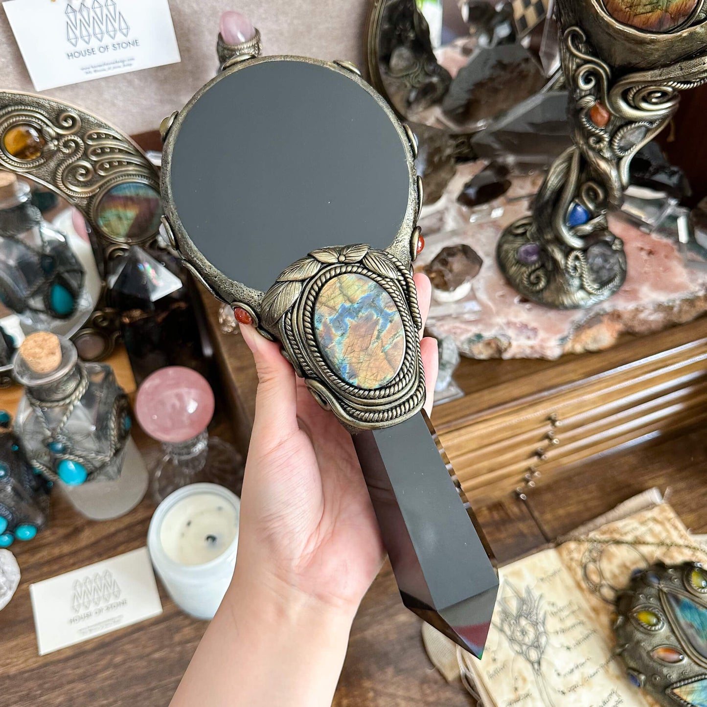 Handmade Natural Black Obsidian Mirror/Magic Obsidian Witch Wand/Crystal Quartz Wand/Scrying Mirror Wand/Root Chakra/Manifest Altar Tool