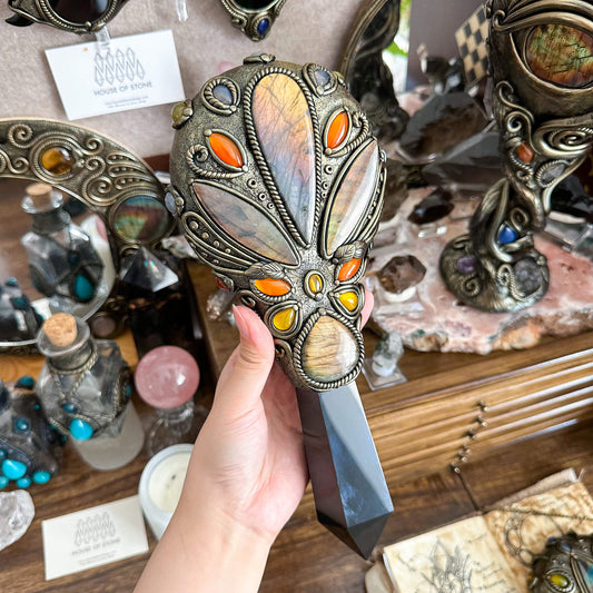 Handmade Natural Black Obsidian Mirror/Magic Obsidian Witch Wand/Crystal Quartz Wand/Scrying Mirror Wand/Root Chakra/Manifest Altar Tool
