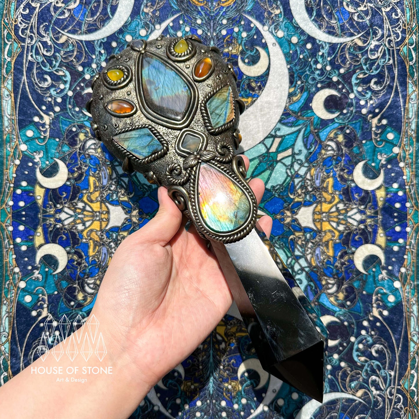 Handmade Natural Black Obsidian Mirror/Magic Obsidian Witch Wand/Crystal Quartz Wand/Scrying Mirror Wand/Root Chakra/Manifest Altar Tool