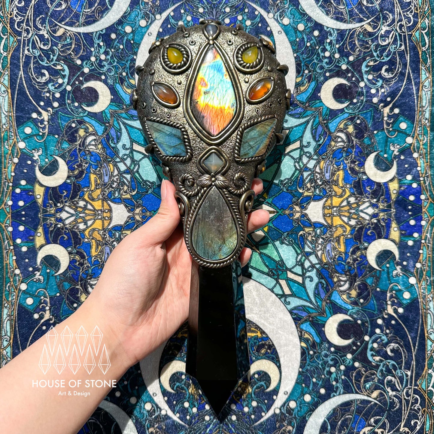Handmade Natural Black Obsidian Mirror/Magic Obsidian Witch Wand/Crystal Quartz Wand/Scrying Mirror Wand/Root Chakra/Manifest Altar Tool