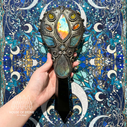Handmade Natural Black Obsidian Mirror/Magic Obsidian Witch Wand/Crystal Quartz Wand/Scrying Mirror Wand/Root Chakra/Manifest Altar Tool