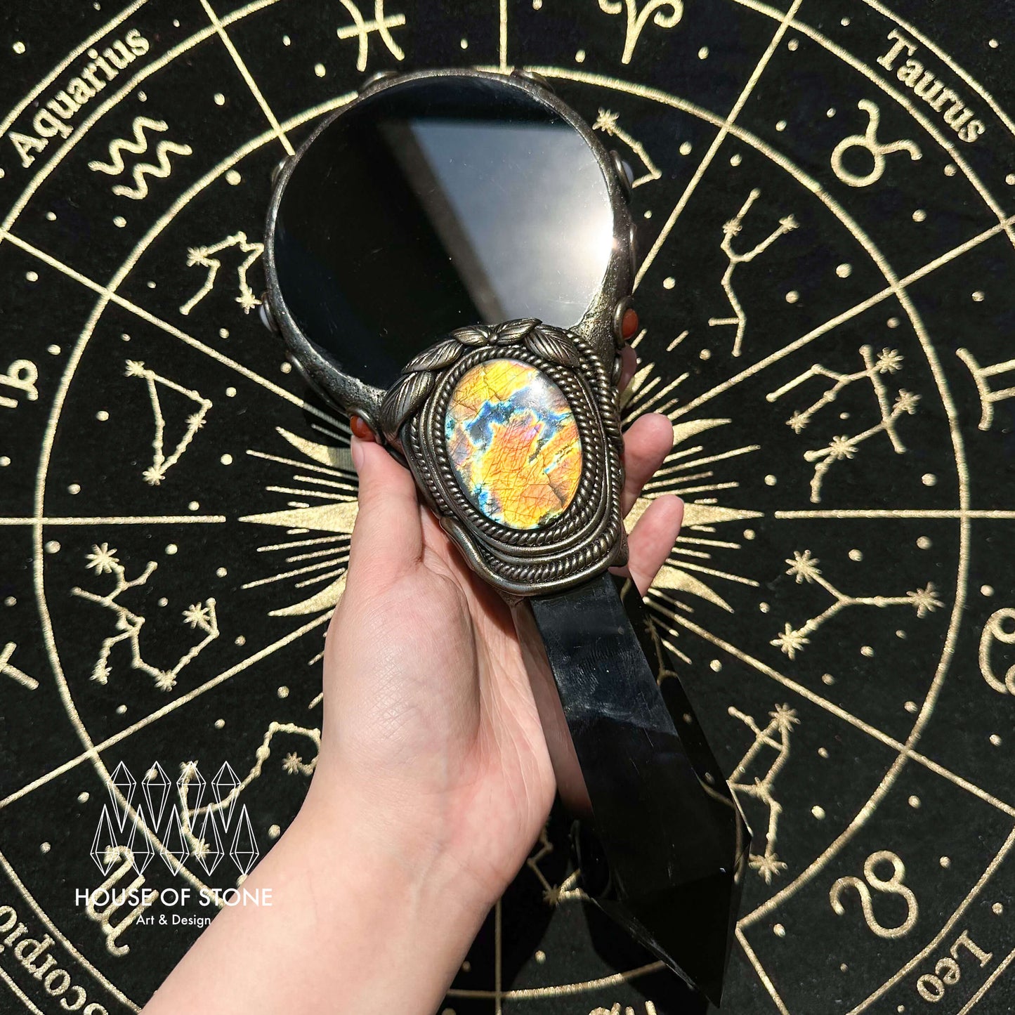 Handmade Natural Black Obsidian Mirror/Magic Obsidian Witch Wand/Crystal Quartz Wand/Scrying Mirror Wand/Root Chakra/Manifest Altar Tool