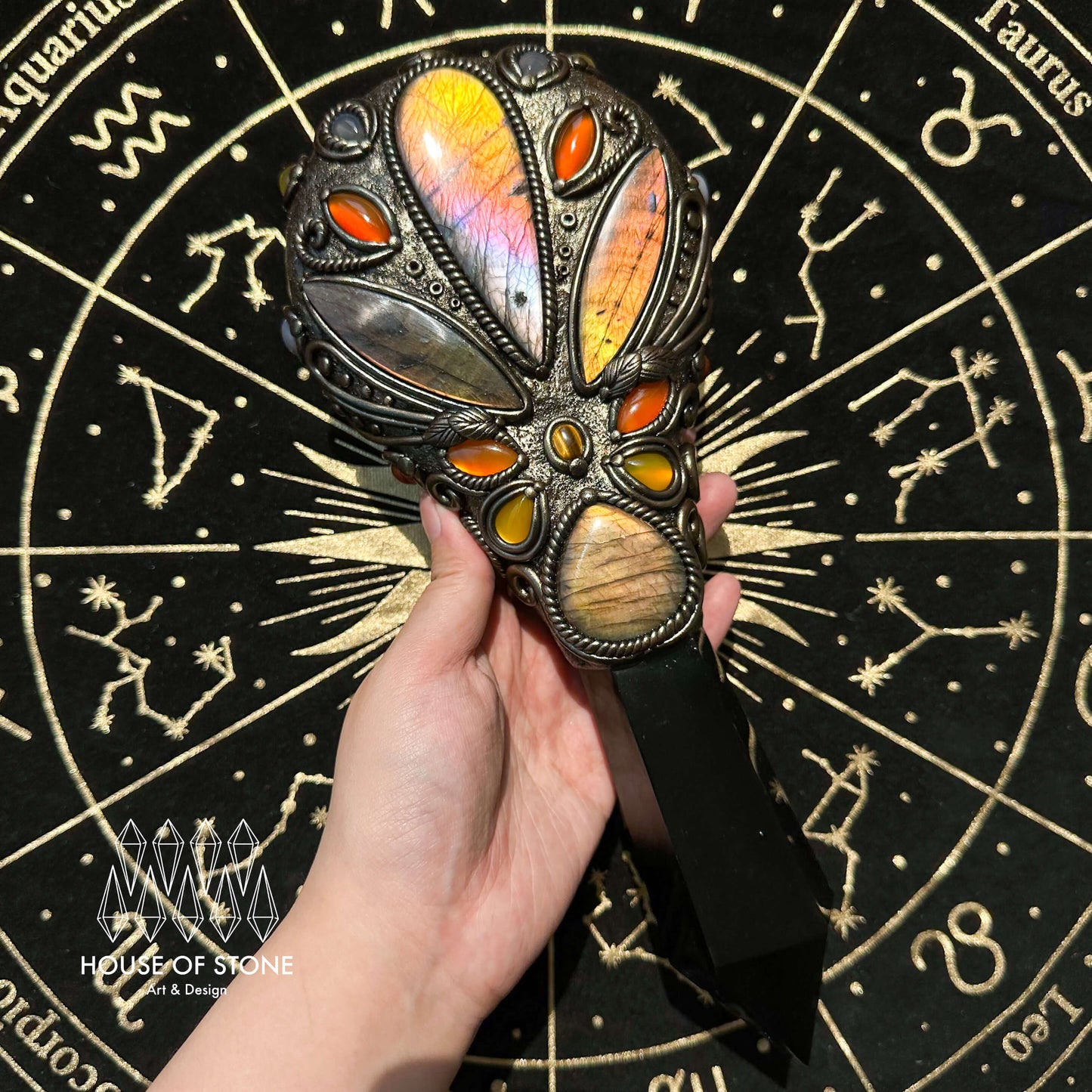 Handmade Natural Black Obsidian Mirror/Magic Obsidian Witch Wand/Crystal Quartz Wand/Scrying Mirror Wand/Root Chakra/Manifest Altar Tool