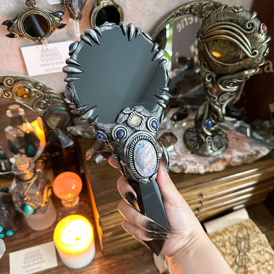 Handmade Natural Black Obsidian Mirror/Magic Obsidian Witch Wand/Crystal Quartz Wand/Scrying Mirror Wand/Root Chakra/Manifest Altar Tool