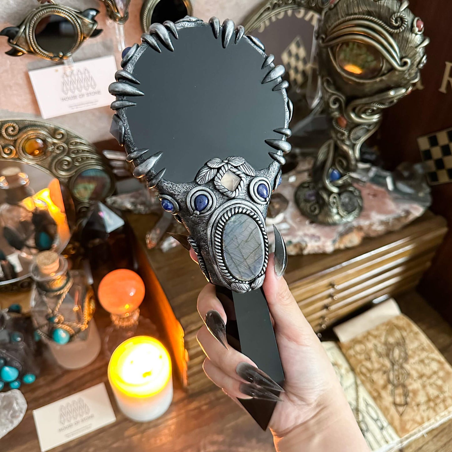 Handmade Natural Black Obsidian Mirror/Magic Obsidian Witch Wand/Crystal Quartz Wand/Scrying Mirror Wand/Root Chakra/Manifest Altar Tool