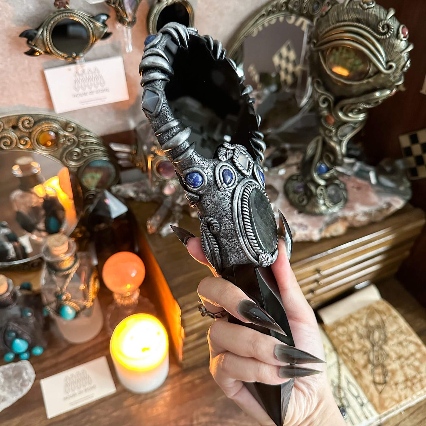 Handmade Natural Black Obsidian Mirror/Magic Obsidian Witch Wand/Crystal Quartz Wand/Scrying Mirror Wand/Root Chakra/Manifest Altar Tool