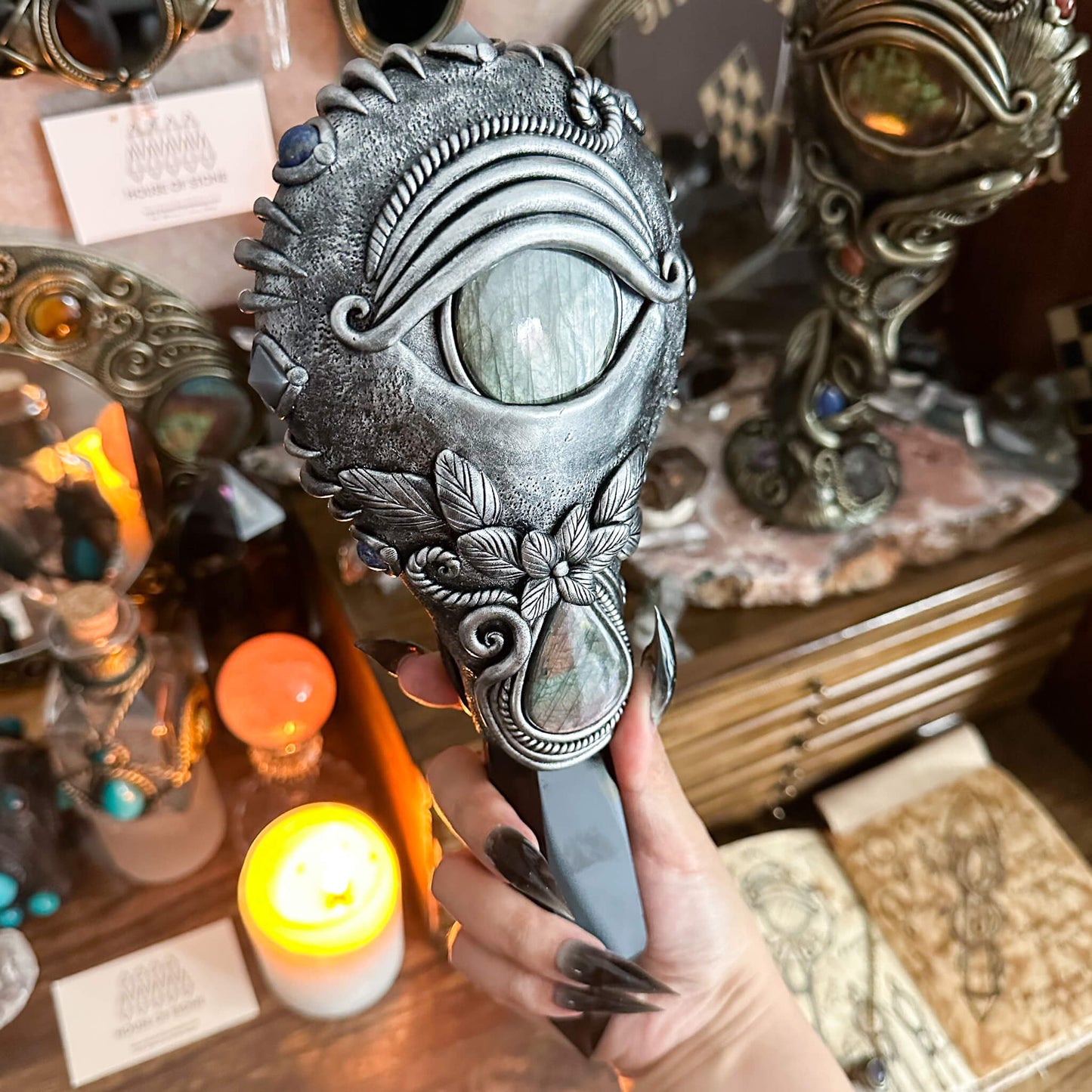 Handmade Natural Black Obsidian Mirror/Magic Obsidian Witch Wand/Crystal Quartz Wand/Scrying Mirror Wand/Root Chakra/Manifest Altar Tool