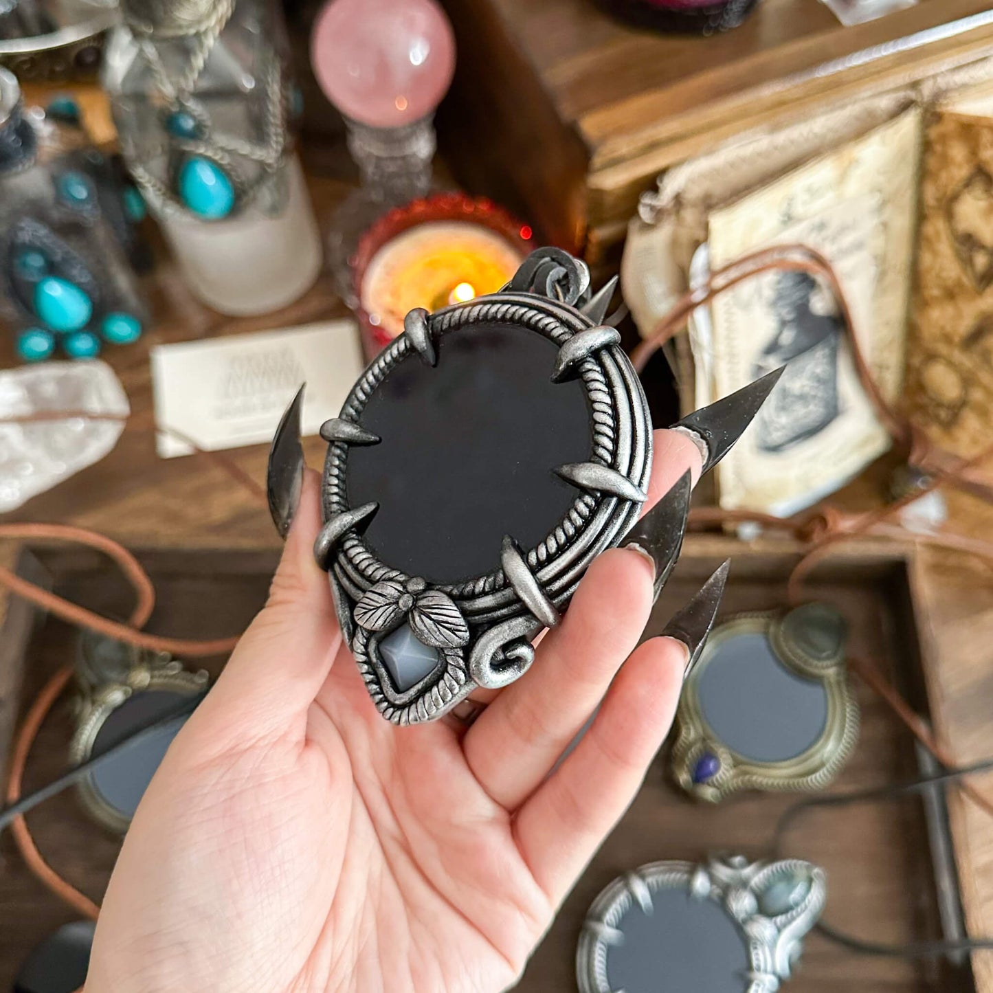 Handmade Natural Black Obsidian Pendant Necklace/Magic Obsidian Mirror Crystal Pendant/Scrying Mirror Talisman Protection Jewelry/Altar Tool