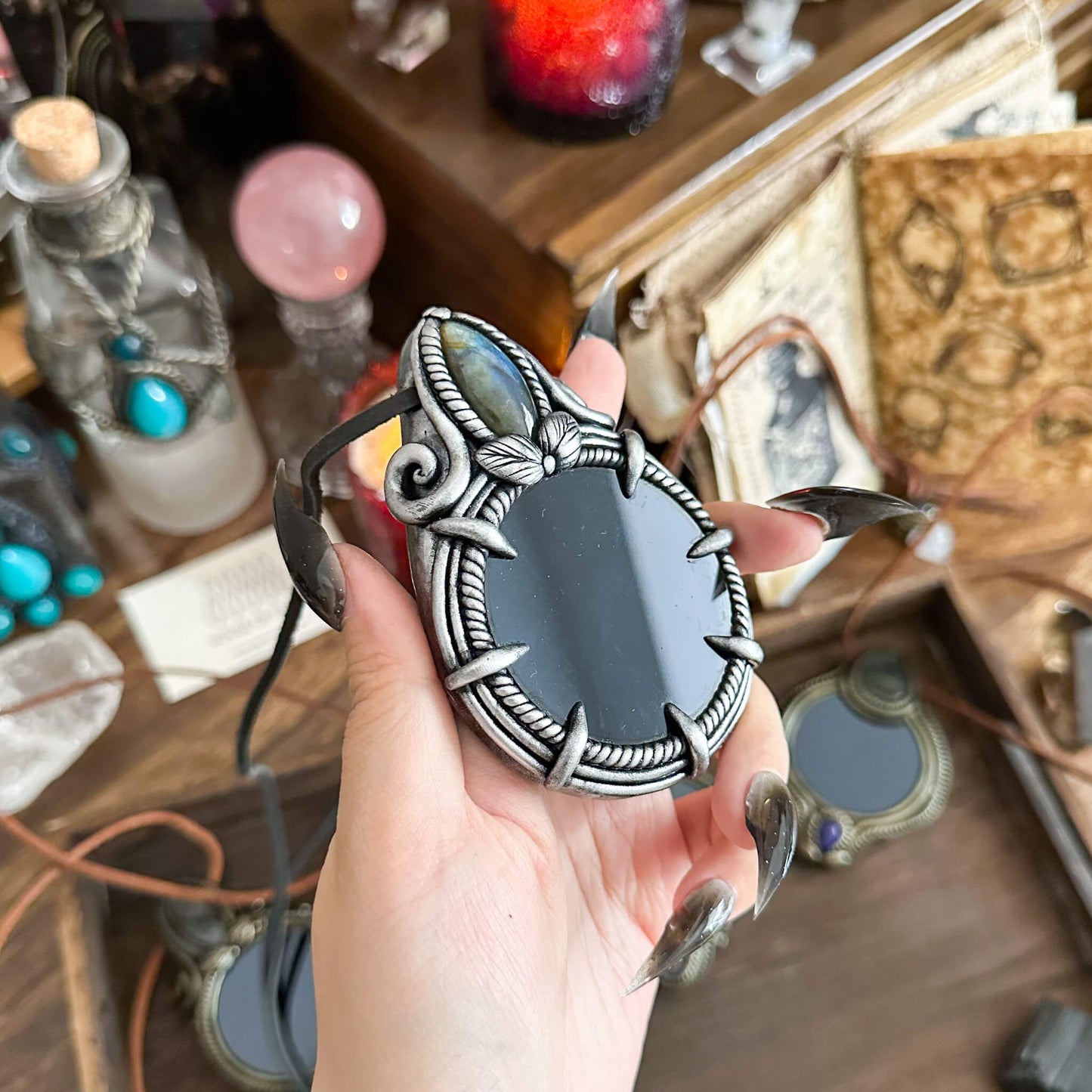 Handmade Natural Black Obsidian Pendant Necklace/Magic Obsidian Mirror Crystal Pendant/Scrying Mirror Talisman Protection Jewelry/Altar Tool