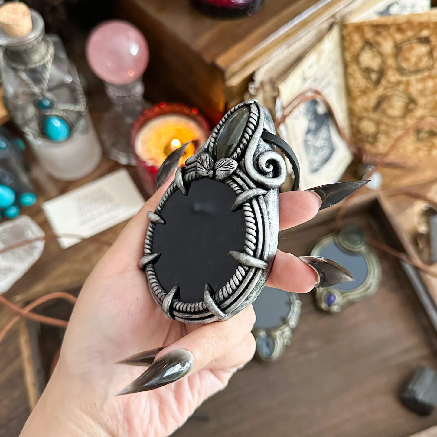 Handmade Natural Black Obsidian Pendant Necklace/Magic Obsidian Mirror Crystal Pendant/Scrying Mirror Talisman Protection Jewelry/Altar Tool