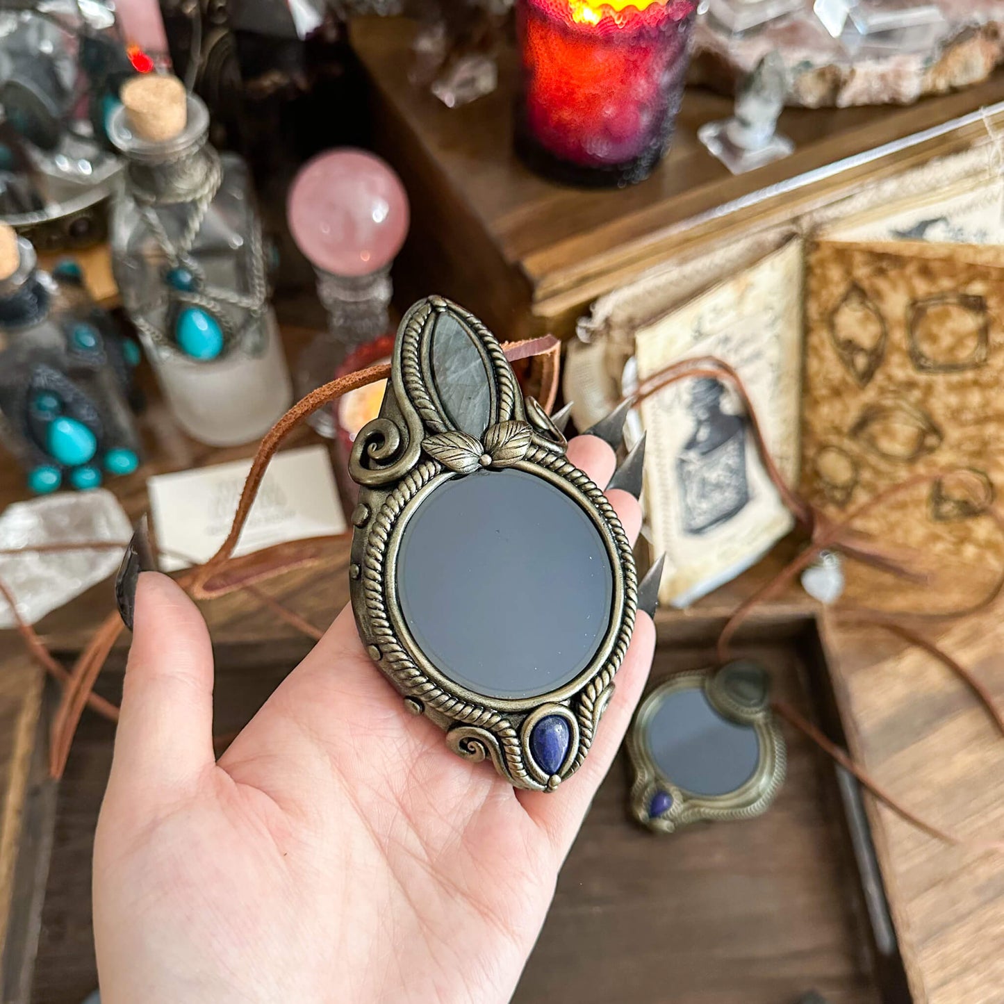 Handmade Natural Black Obsidian Pendant Necklace/Magic Obsidian Mirror Crystal Pendant/Scrying Mirror Talisman Protection Jewelry/Altar Tool