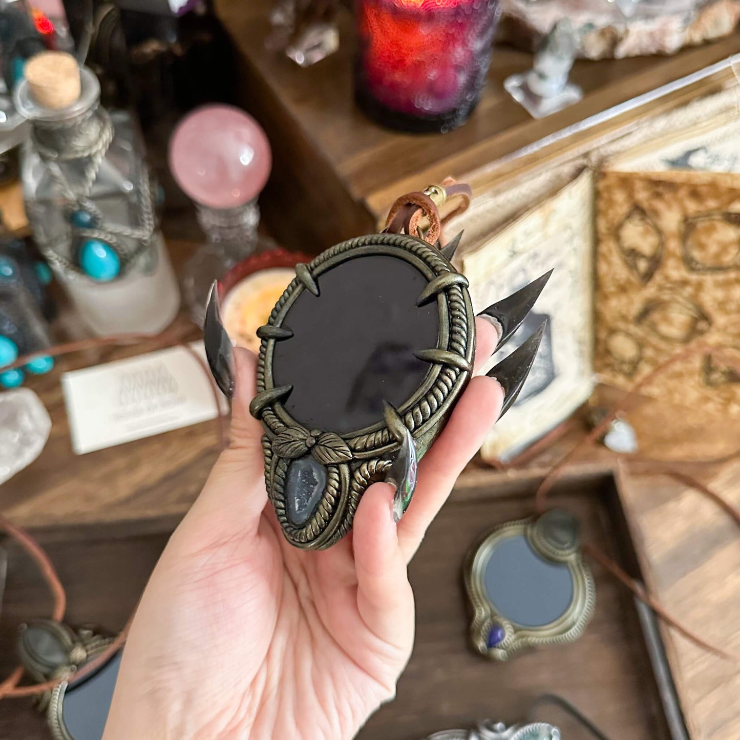 Handmade Natural Black Obsidian Pendant Necklace/Magic Obsidian Mirror Crystal Pendant/Scrying Mirror Talisman Protection Jewelry/Altar Tool