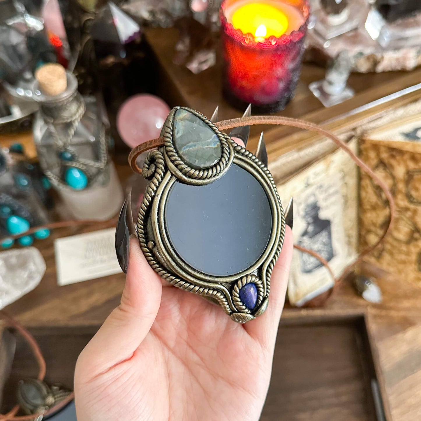 Handmade Natural Black Obsidian Pendant Necklace/Magic Obsidian Mirror Crystal Pendant/Scrying Mirror Talisman Protection Jewelry/Altar Tool