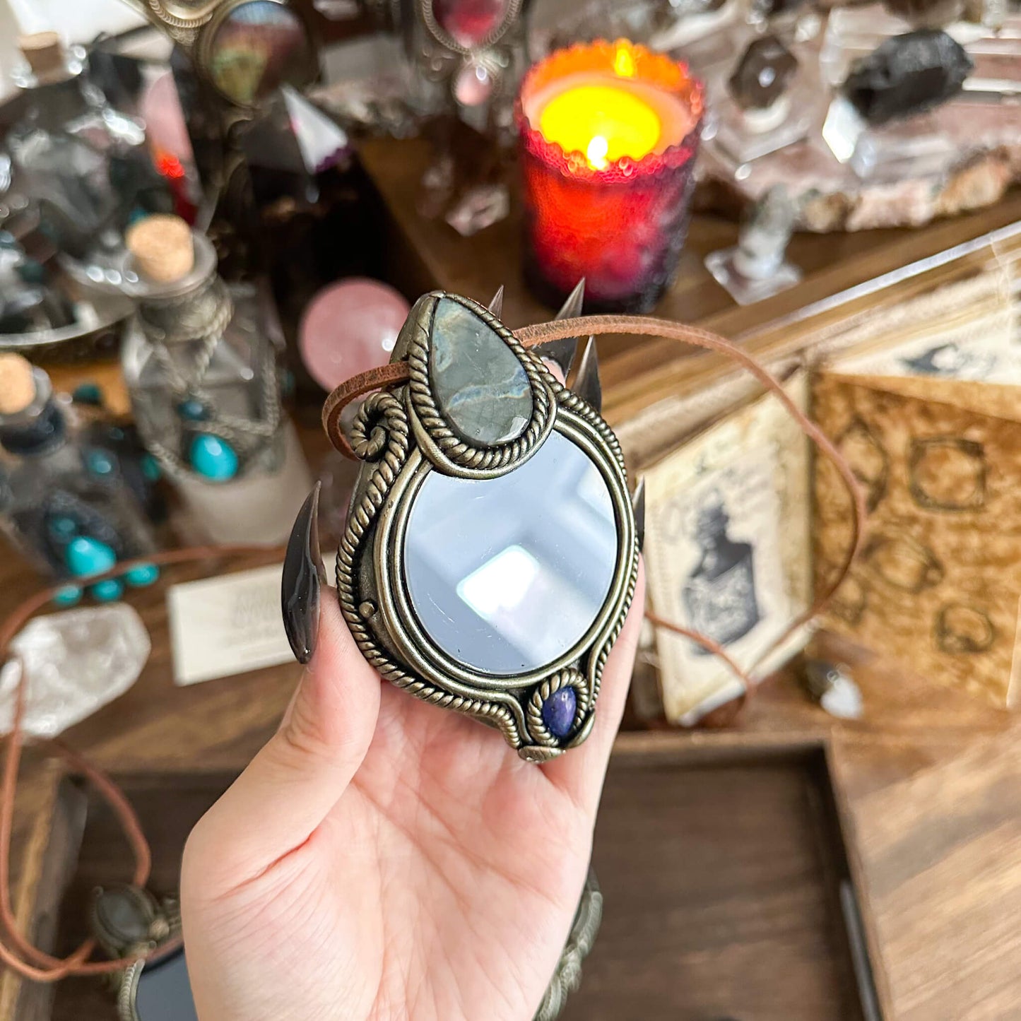 Handmade Natural Black Obsidian Pendant Necklace/Magic Obsidian Mirror Crystal Pendant/Scrying Mirror Talisman Protection Jewelry/Altar Tool