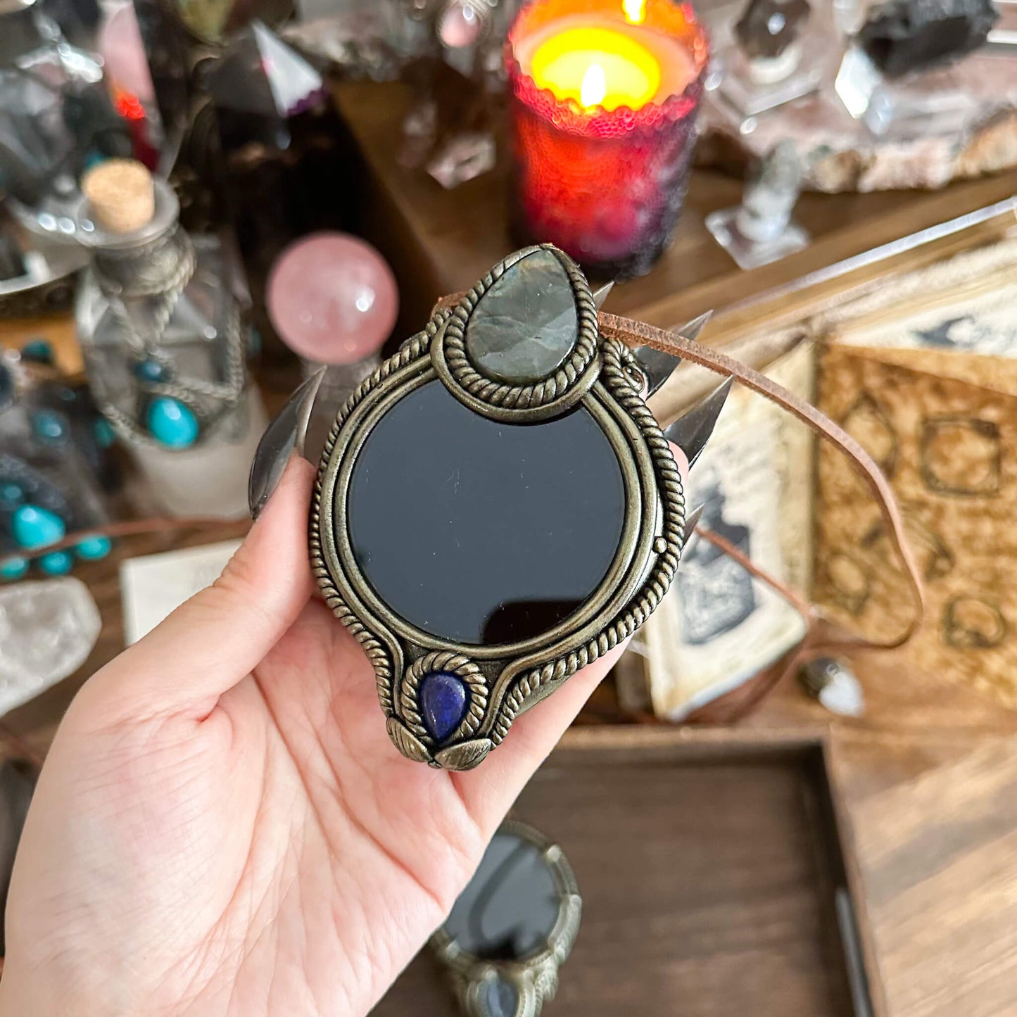 Handmade Natural Black Obsidian Pendant Necklace/Magic Obsidian Mirror Crystal Pendant/Scrying Mirror Talisman Protection Jewelry/Altar Tool