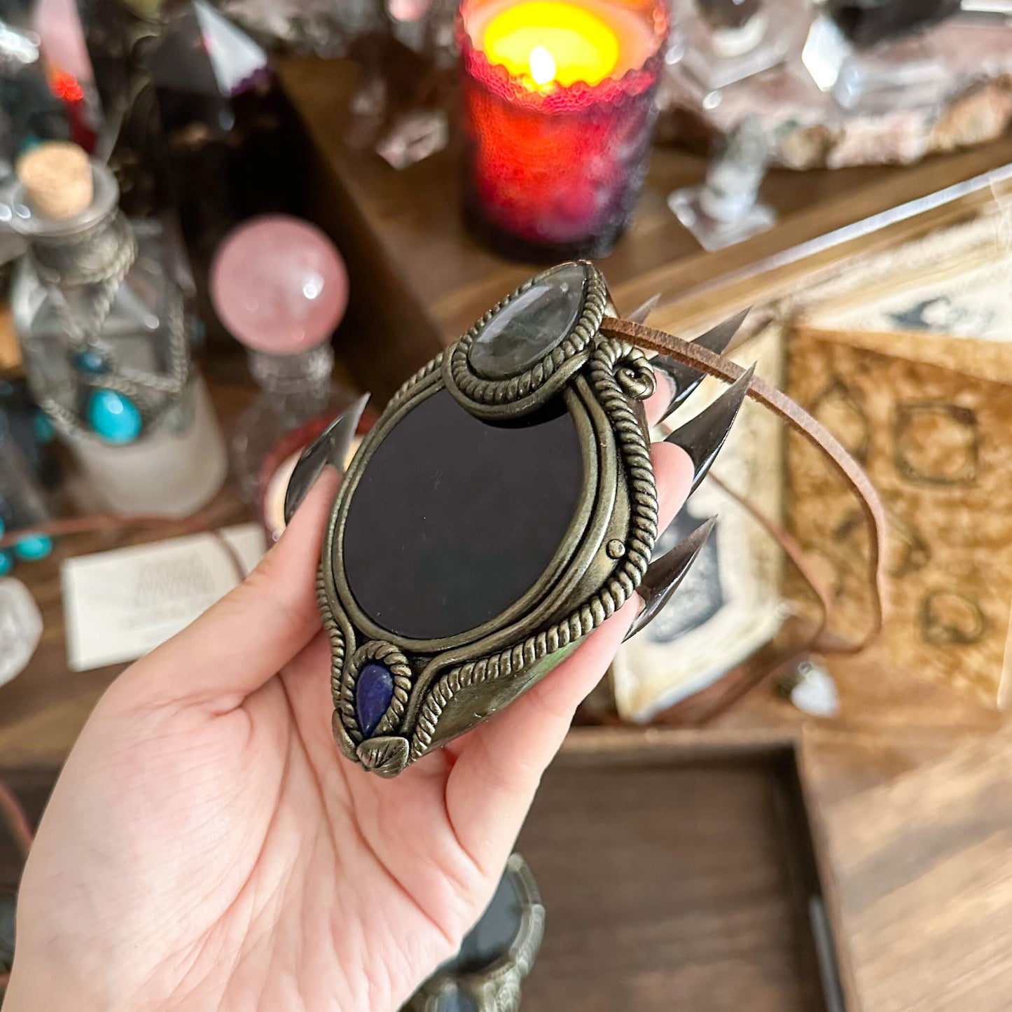 Handmade Natural Black Obsidian Pendant Necklace/Magic Obsidian Mirror Crystal Pendant/Scrying Mirror Talisman Protection Jewelry/Altar Tool