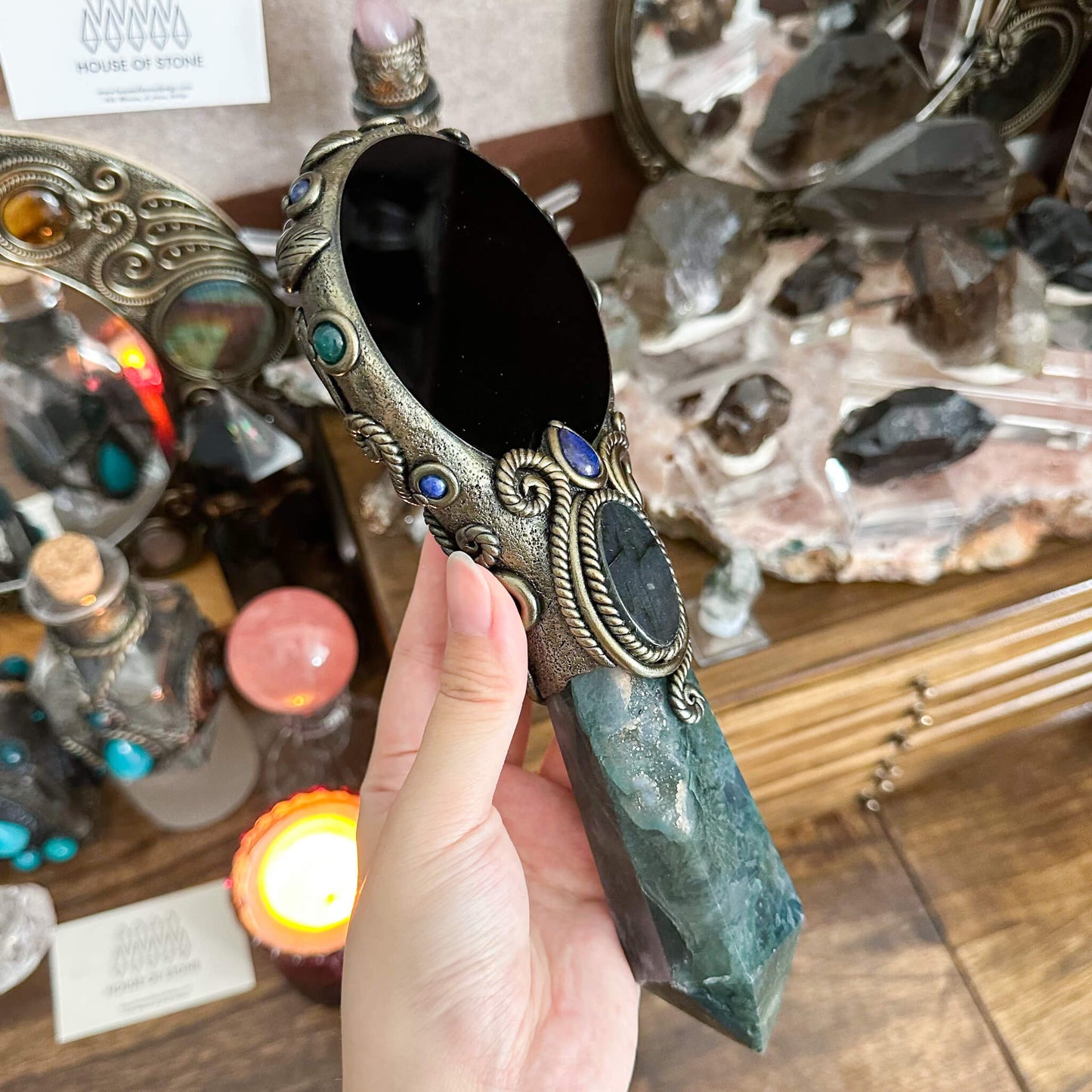 Handmade Natural Black Obsidian Mirror/Magic Obsidian Witch Wand/Crystal Quartz Wand/Scrying Mirror Wand/Root Chakra/Manifest Altar Tool
