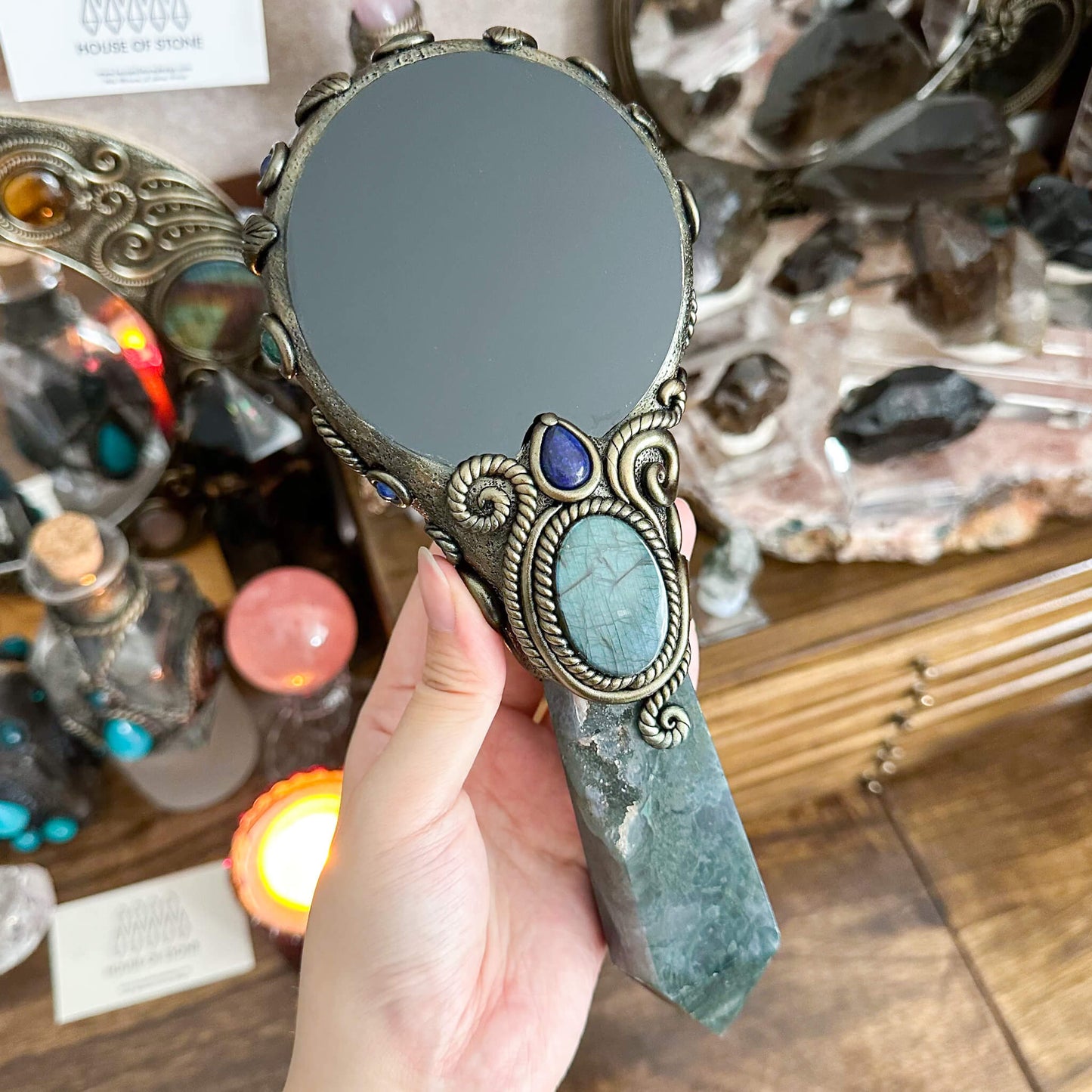 Handmade Natural Black Obsidian Mirror/Magic Obsidian Witch Wand/Crystal Quartz Wand/Scrying Mirror Wand/Root Chakra/Manifest Altar Tool
