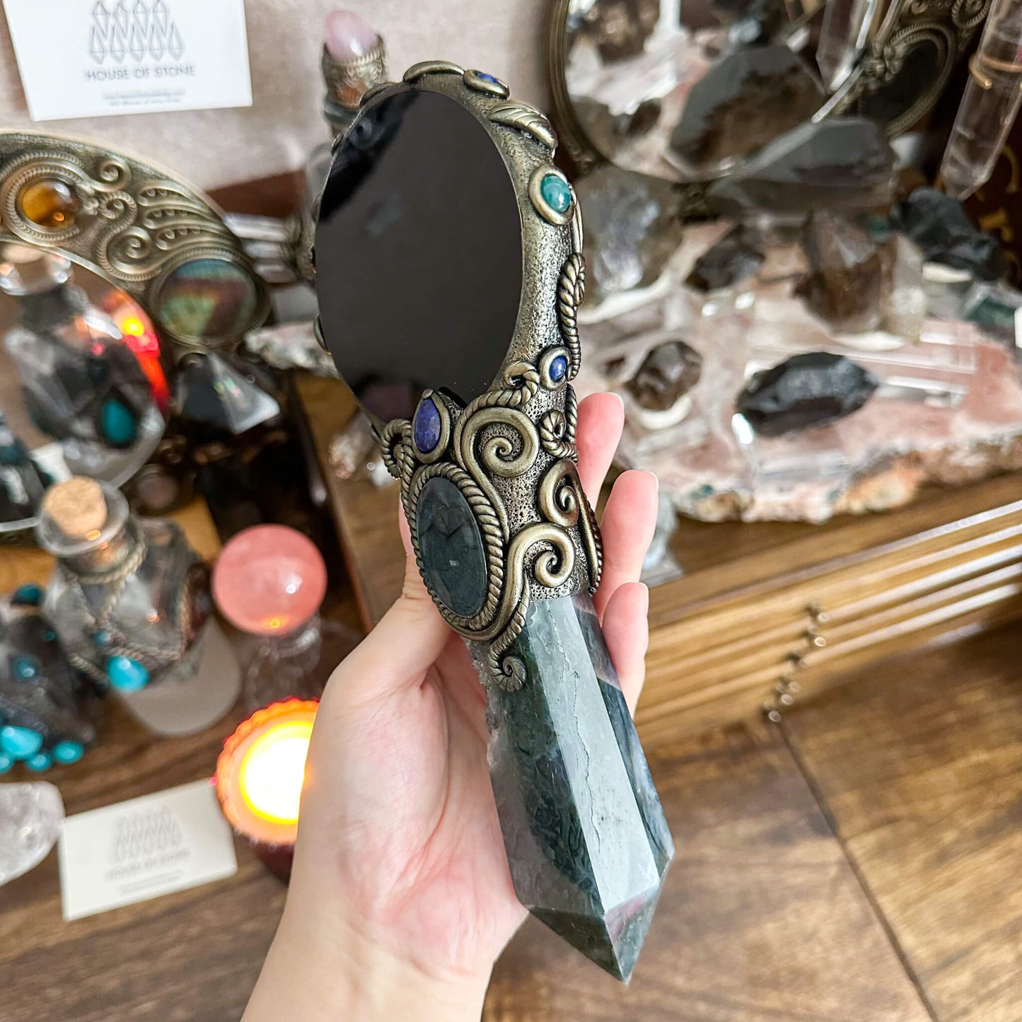 Handmade Natural Black Obsidian Mirror/Magic Obsidian Witch Wand/Crystal Quartz Wand/Scrying Mirror Wand/Root Chakra/Manifest Altar Tool