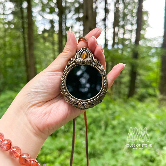 Natural Handmade Black Obsidian Pendant Necklace/Magic Obsidian Mirror Crystal Pendant/Scrying Mirror Tigers Eye Jasper Jewelry/Altar Tool