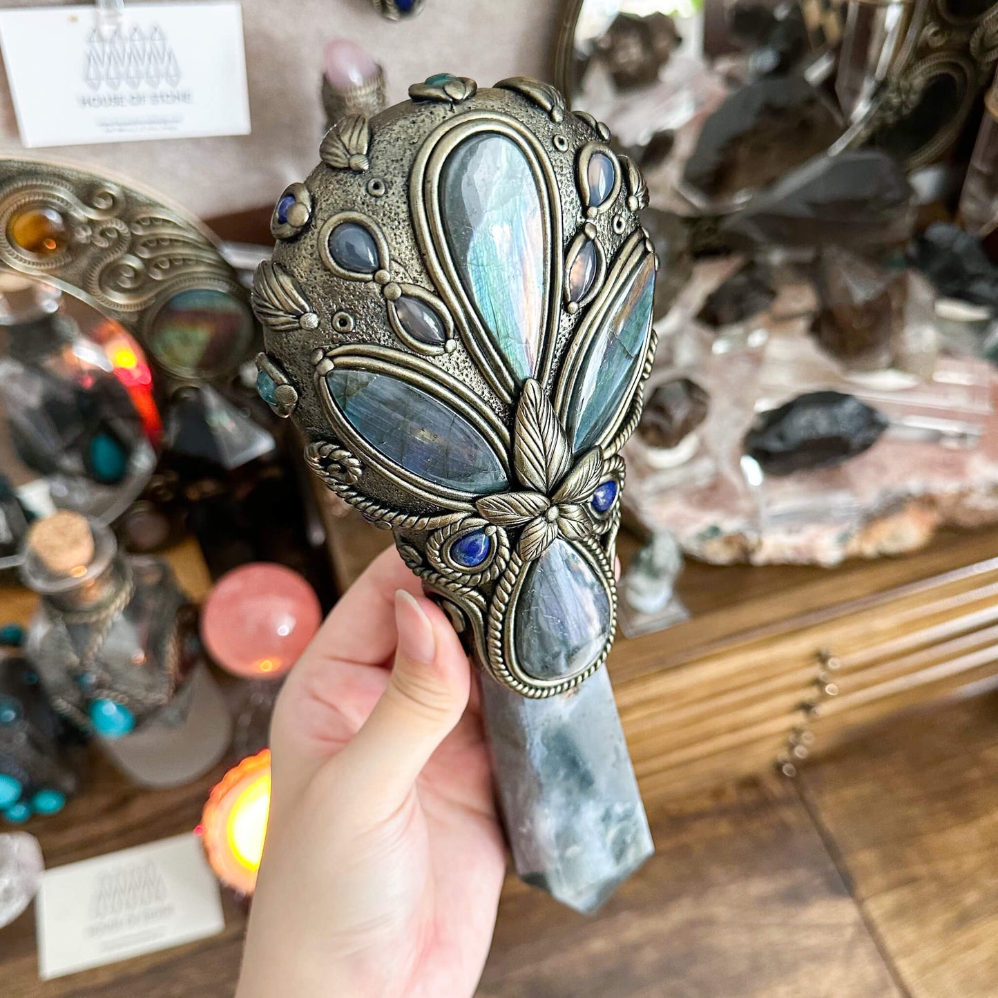 Handmade Natural Black Obsidian Mirror/Magic Obsidian Witch Wand/Crystal Quartz Wand/Scrying Mirror Wand/Root Chakra/Manifest Altar Tool
