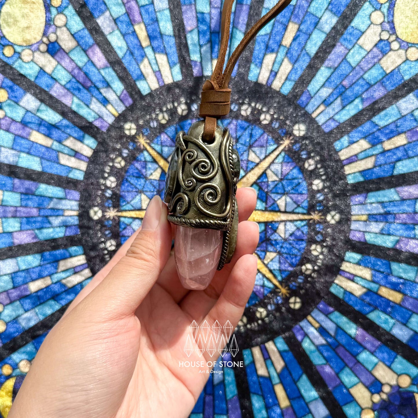 Natural Handmade Rose Quartz Pendant Necklace/Magic Crystal Double-sided Pendant/Labradorite Jewelry/Chakra Healing/Altar Tool