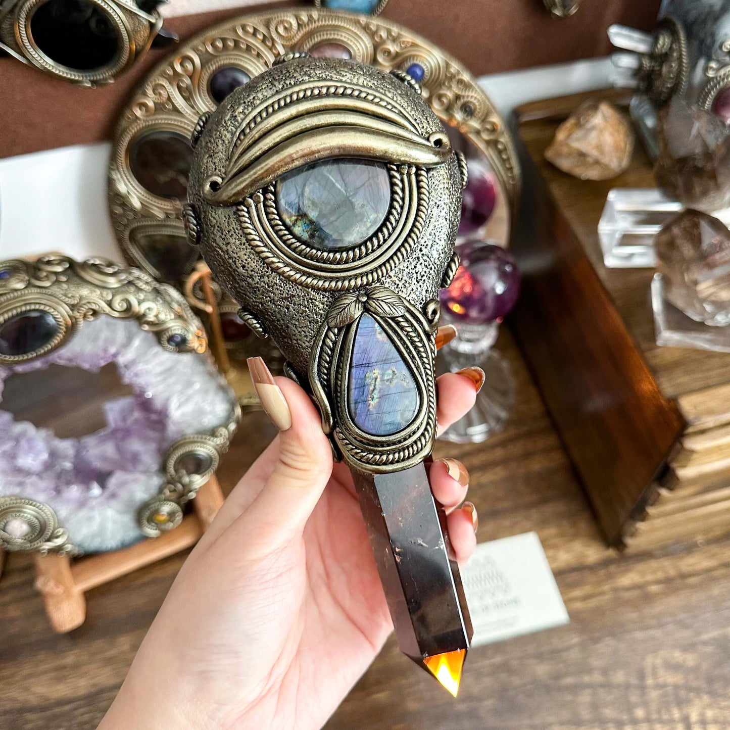 Handmade Natural Black Obsidian Mirror/Magic Obsidian Witch Wand/Crystal Quartz Wand/Scrying Mirror Wand/Root Chakra/Manifest Altar Tool