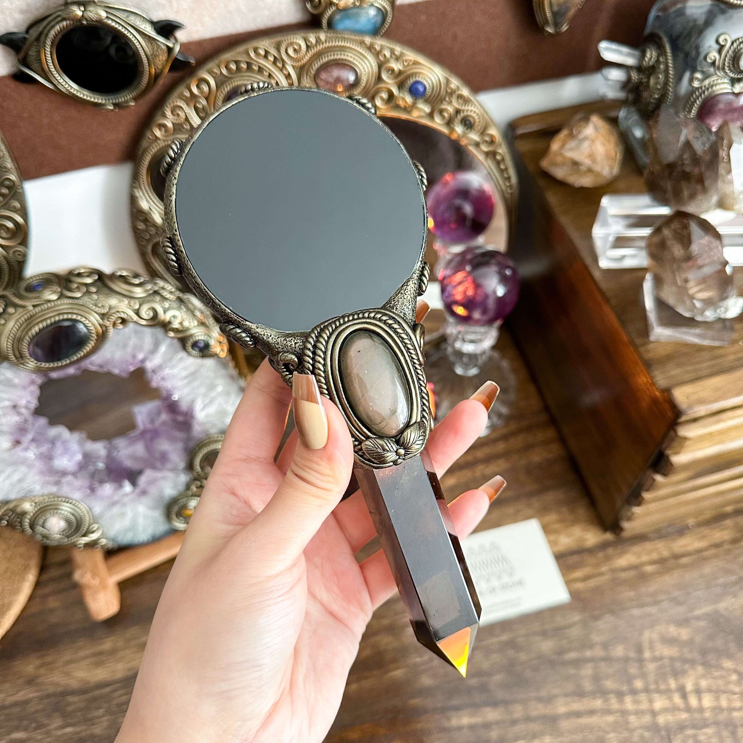 Handmade Natural Black Obsidian Mirror/Magic Obsidian Witch Wand/Crystal Quartz Wand/Scrying Mirror Wand/Root Chakra/Manifest Altar Tool