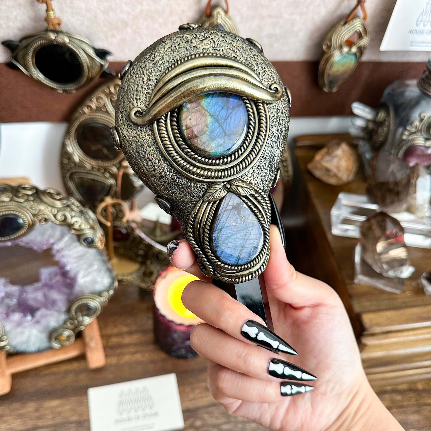 Handmade Natural Black Obsidian Mirror/Magic Obsidian Witch Wand/Crystal Quartz Wand/Scrying Mirror Wand/Root Chakra/Manifest Altar Tool