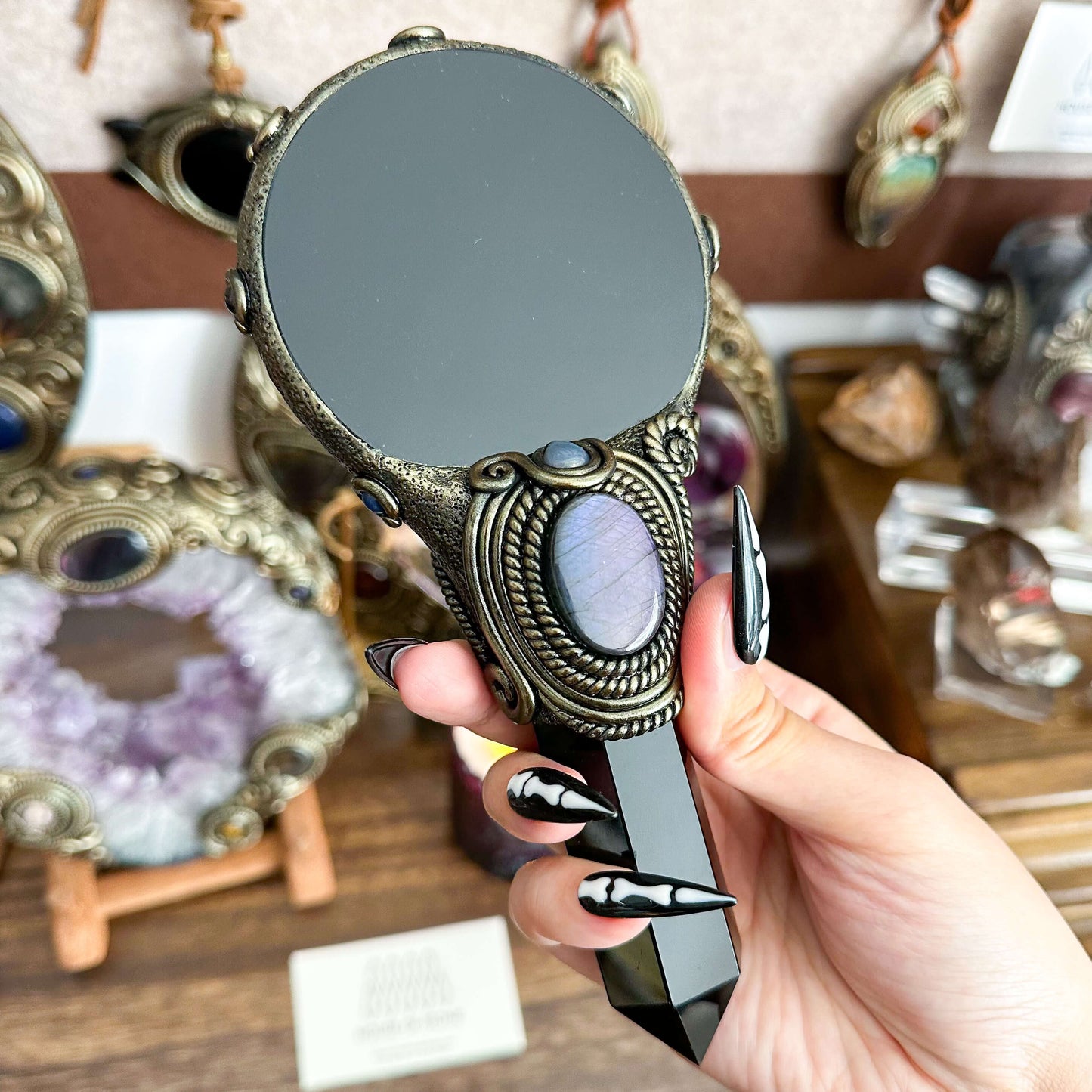 Handmade Natural Black Obsidian Mirror/Magic Obsidian Witch Wand/Crystal Quartz Wand/Scrying Mirror Wand/Root Chakra/Manifest Altar Tool