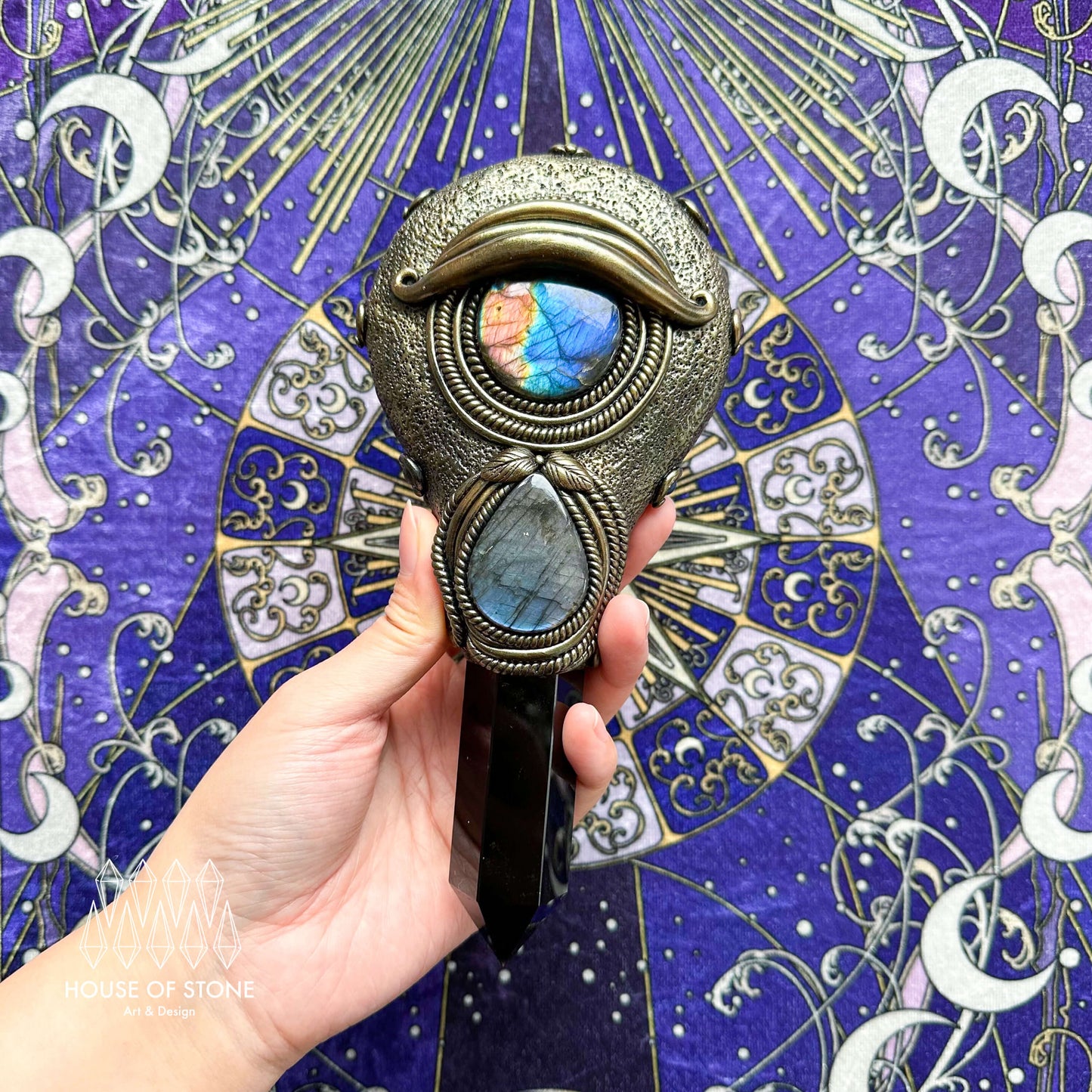 Handmade Natural Black Obsidian Mirror/Magic Obsidian Witch Wand/Crystal Quartz Wand/Scrying Mirror Wand/Root Chakra/Manifest Altar Tool