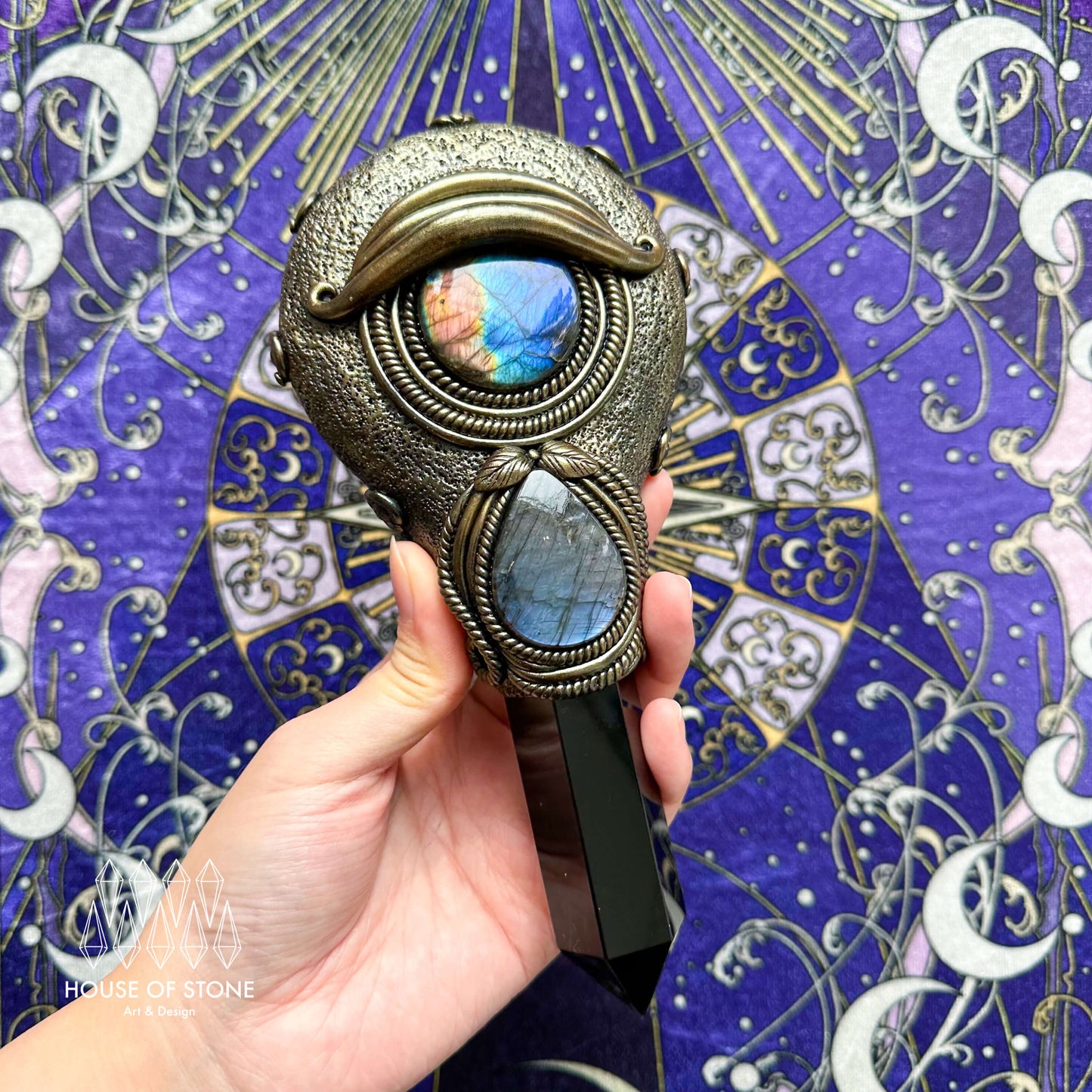 Handmade Natural Black Obsidian Mirror/Magic Obsidian Witch Wand/Crystal Quartz Wand/Scrying Mirror Wand/Root Chakra/Manifest Altar Tool