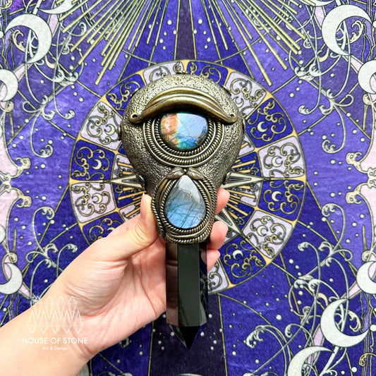 Handmade Natural Black Obsidian Mirror/Magic Obsidian Witch Wand/Crystal Quartz Wand/Scrying Mirror Wand/Root Chakra/Manifest Altar Tool