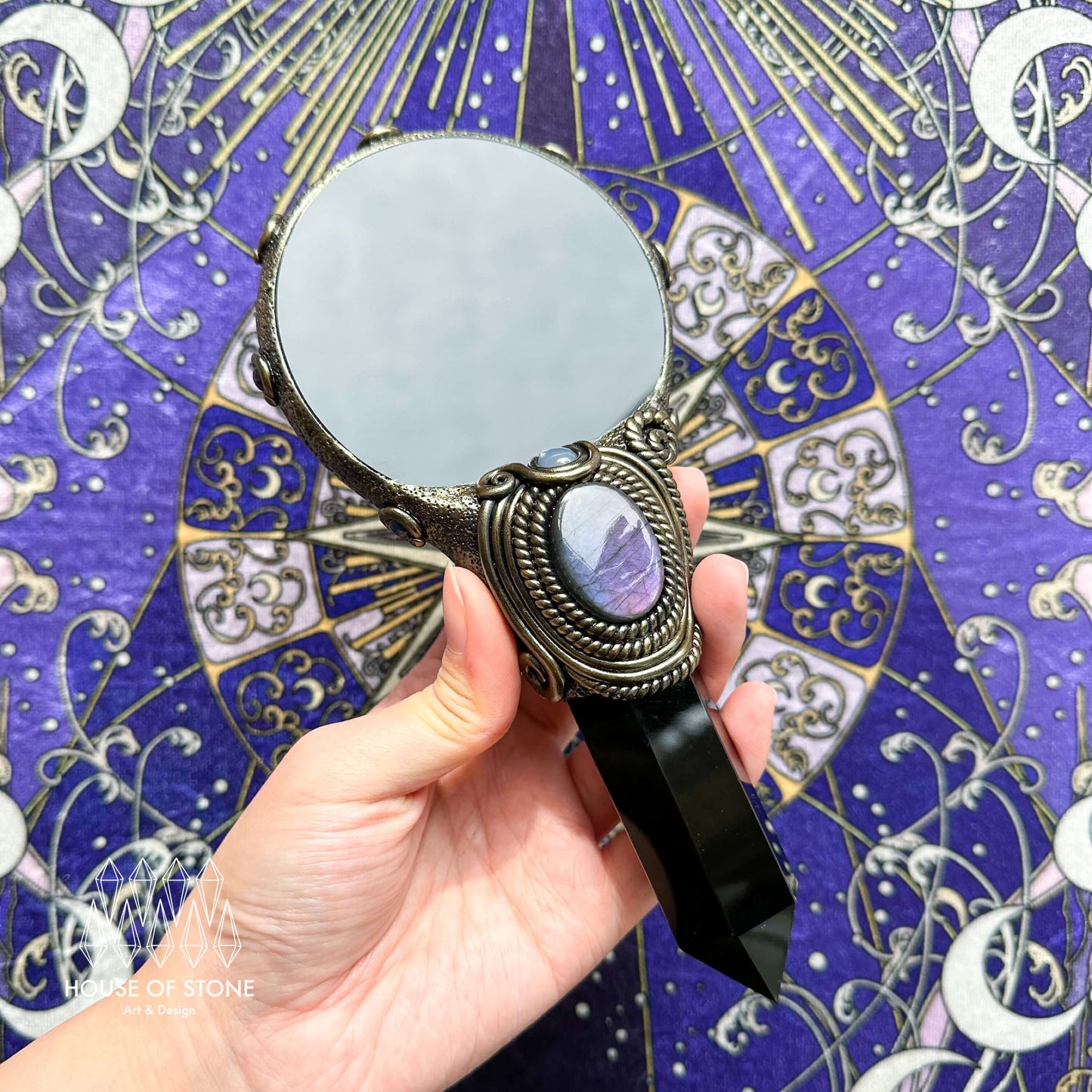 Handmade Natural Black Obsidian Mirror/Magic Obsidian Witch Wand/Crystal Quartz Wand/Scrying Mirror Wand/Root Chakra/Manifest Altar Tool