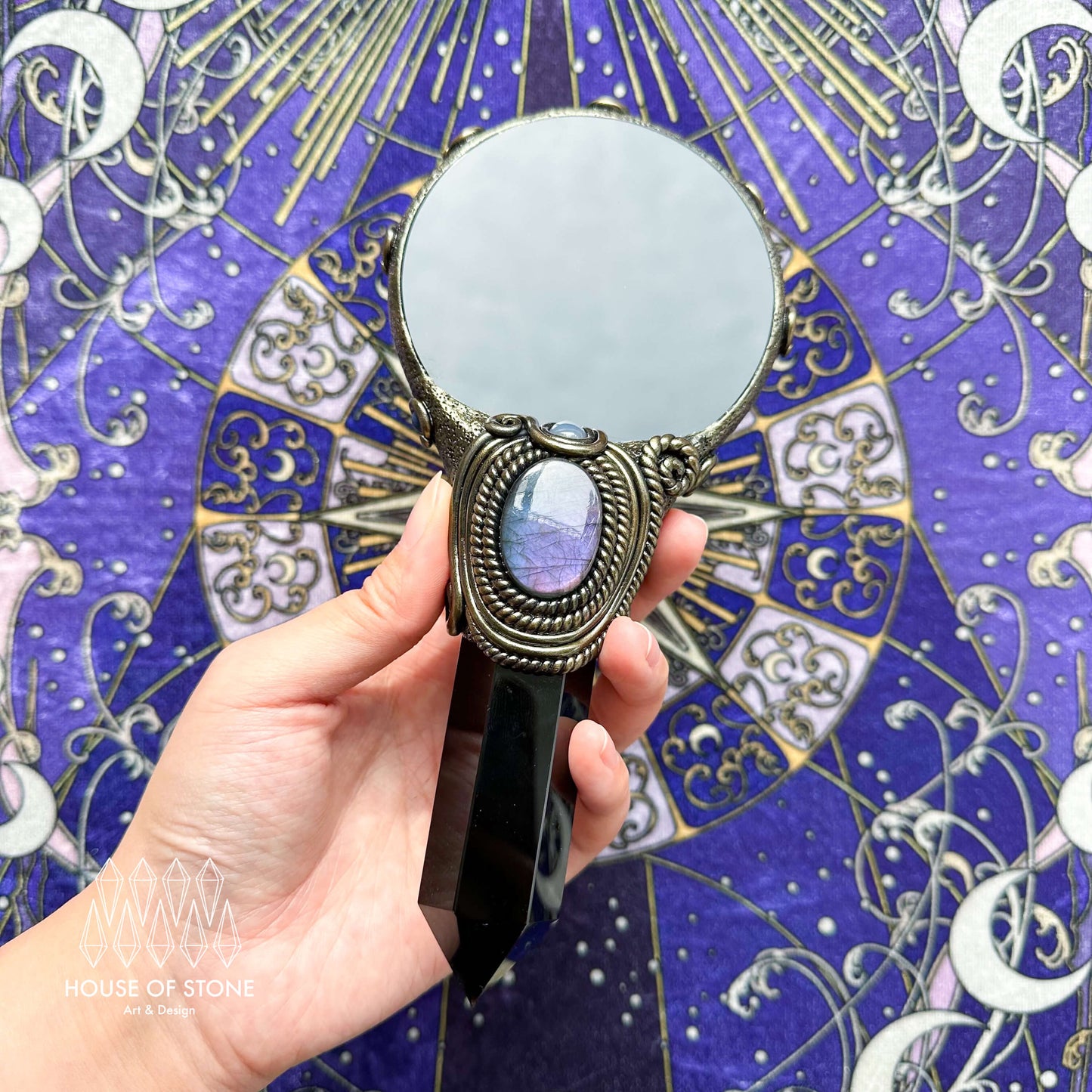 Handmade Natural Black Obsidian Mirror/Magic Obsidian Witch Wand/Crystal Quartz Wand/Scrying Mirror Wand/Root Chakra/Manifest Altar Tool