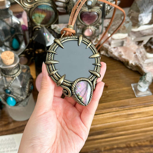 Handmade Natural Black Obsidian Pendant Necklace/Magic Obsidian Mirror Crystal Pendant/Scrying Mirror Talisman Protection Jewelry/Altar Tool