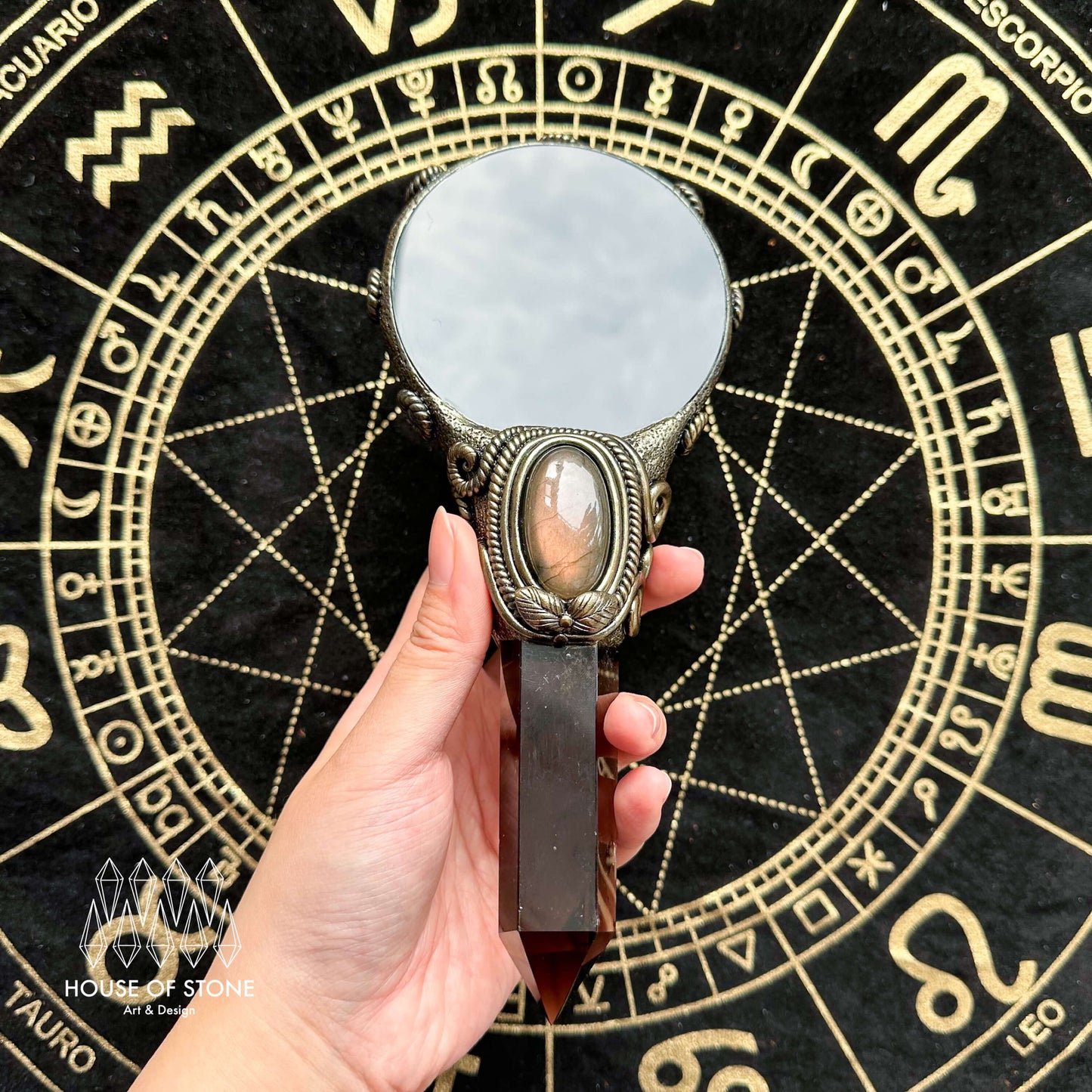 Handmade Natural Black Obsidian Mirror/Magic Obsidian Witch Wand/Crystal Quartz Wand/Scrying Mirror Wand/Root Chakra/Manifest Altar Tool