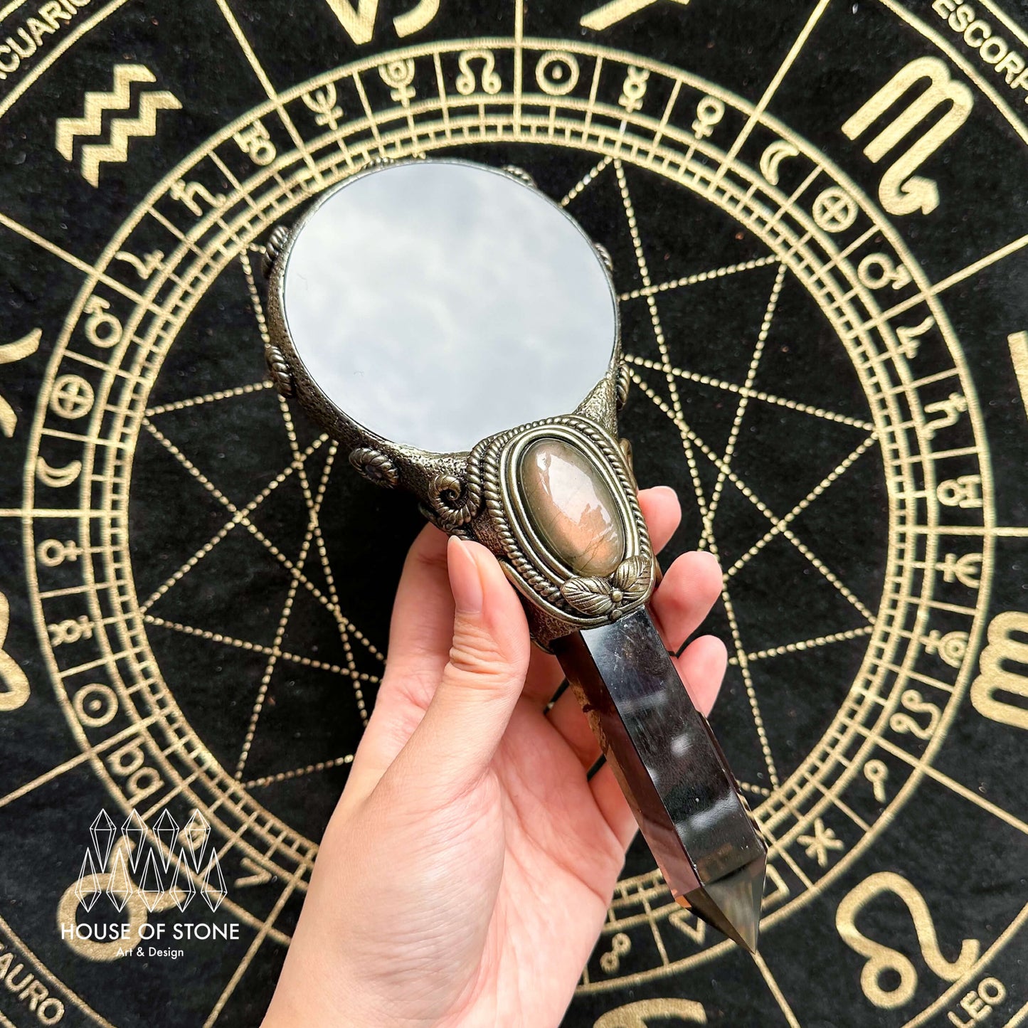 Handmade Natural Black Obsidian Mirror/Magic Obsidian Witch Wand/Crystal Quartz Wand/Scrying Mirror Wand/Root Chakra/Manifest Altar Tool