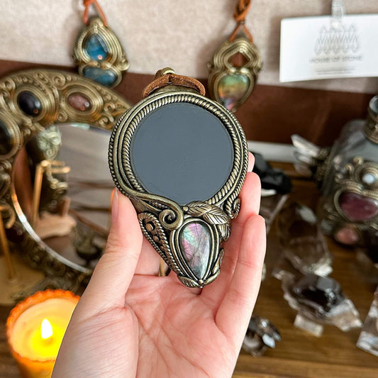 Handmade Natural Black Obsidian Pendant Necklace/Magic Obsidian Mirror Crystal Pendant/Scrying Mirror Labradorite Jewelry/Altar Tool