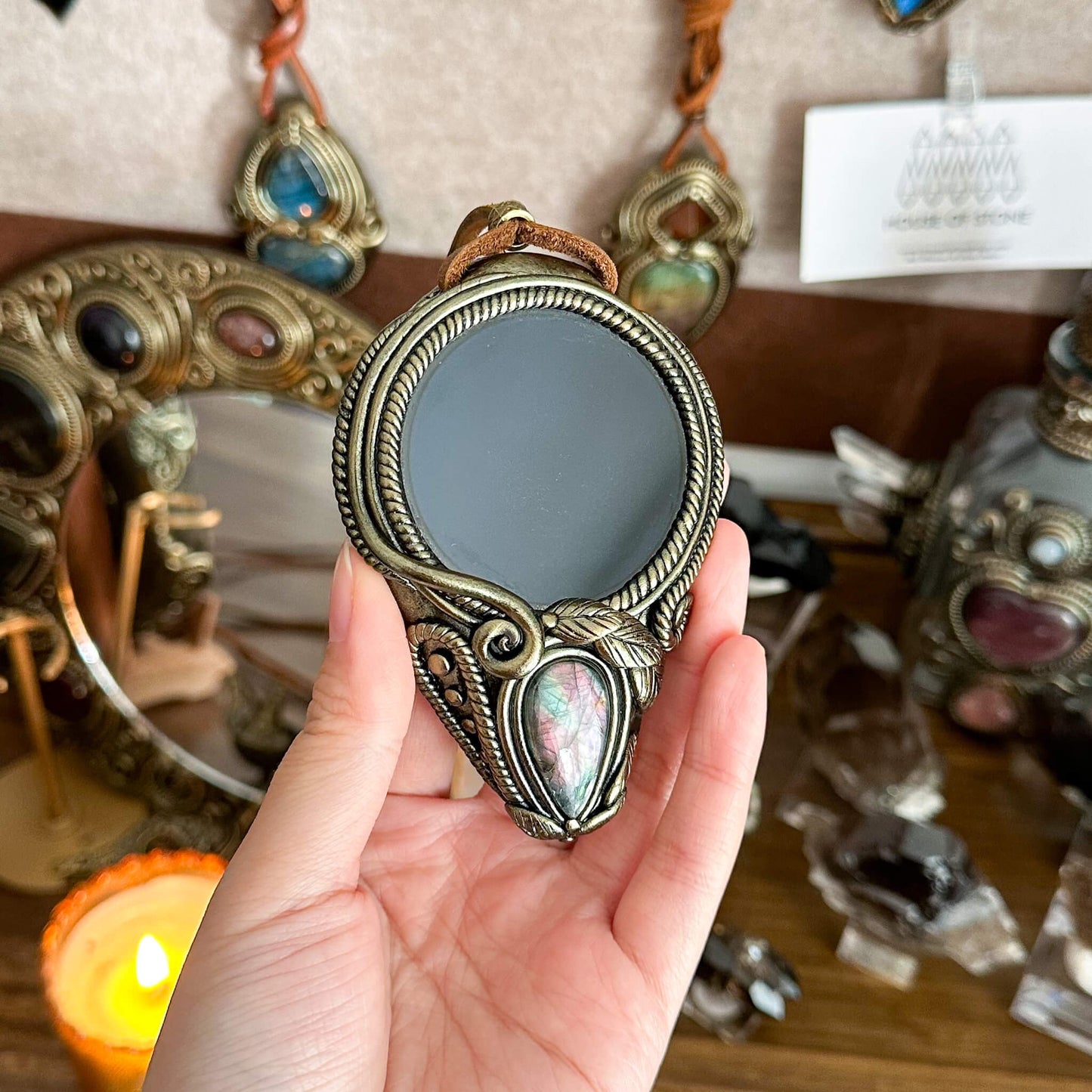 Handmade Natural Black Obsidian Pendant Necklace/Magic Obsidian Mirror Crystal Pendant/Scrying Mirror Labradorite Jewelry/Altar Tool