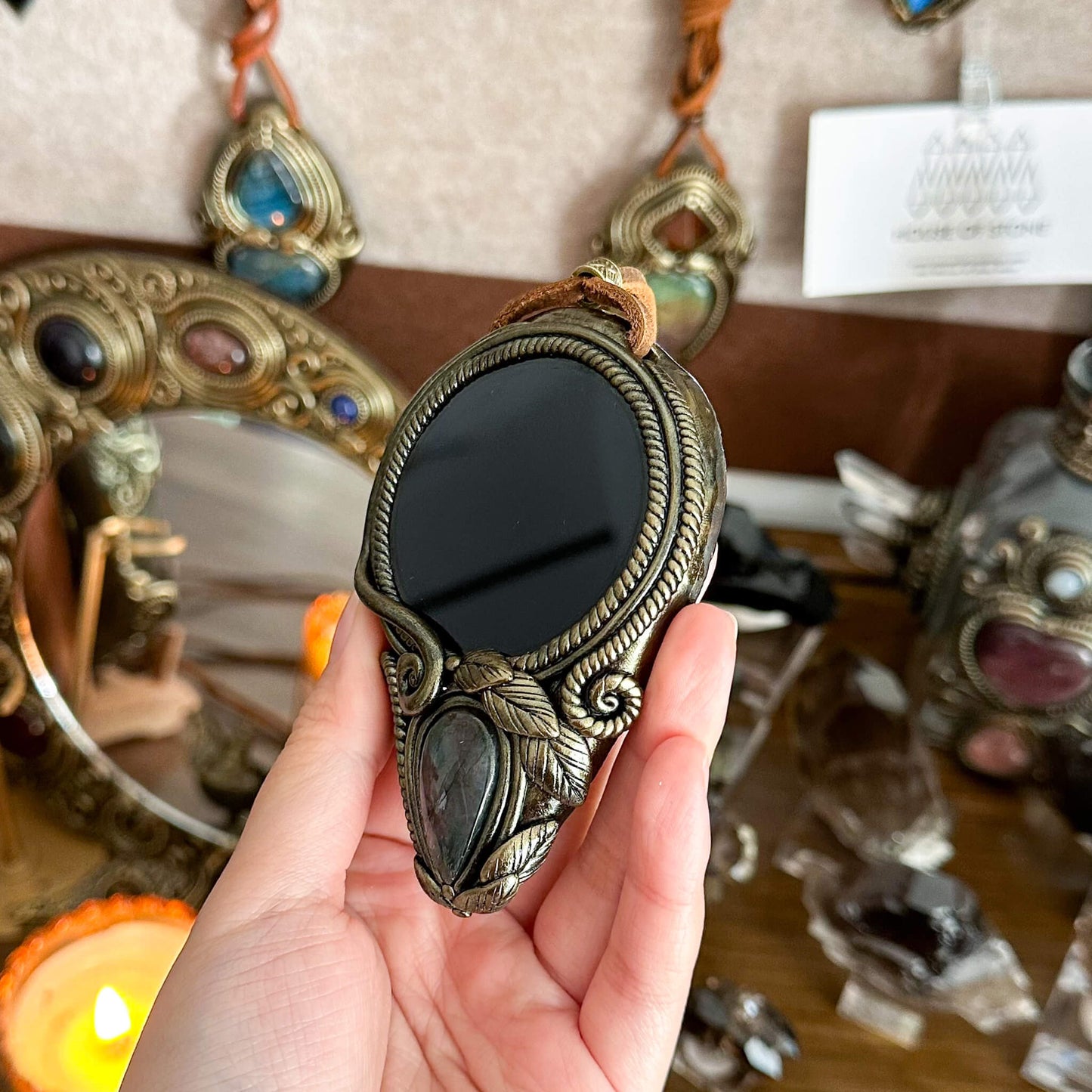 Handmade Natural Black Obsidian Pendant Necklace/Magic Obsidian Mirror Crystal Pendant/Scrying Mirror Labradorite Jewelry/Altar Tool