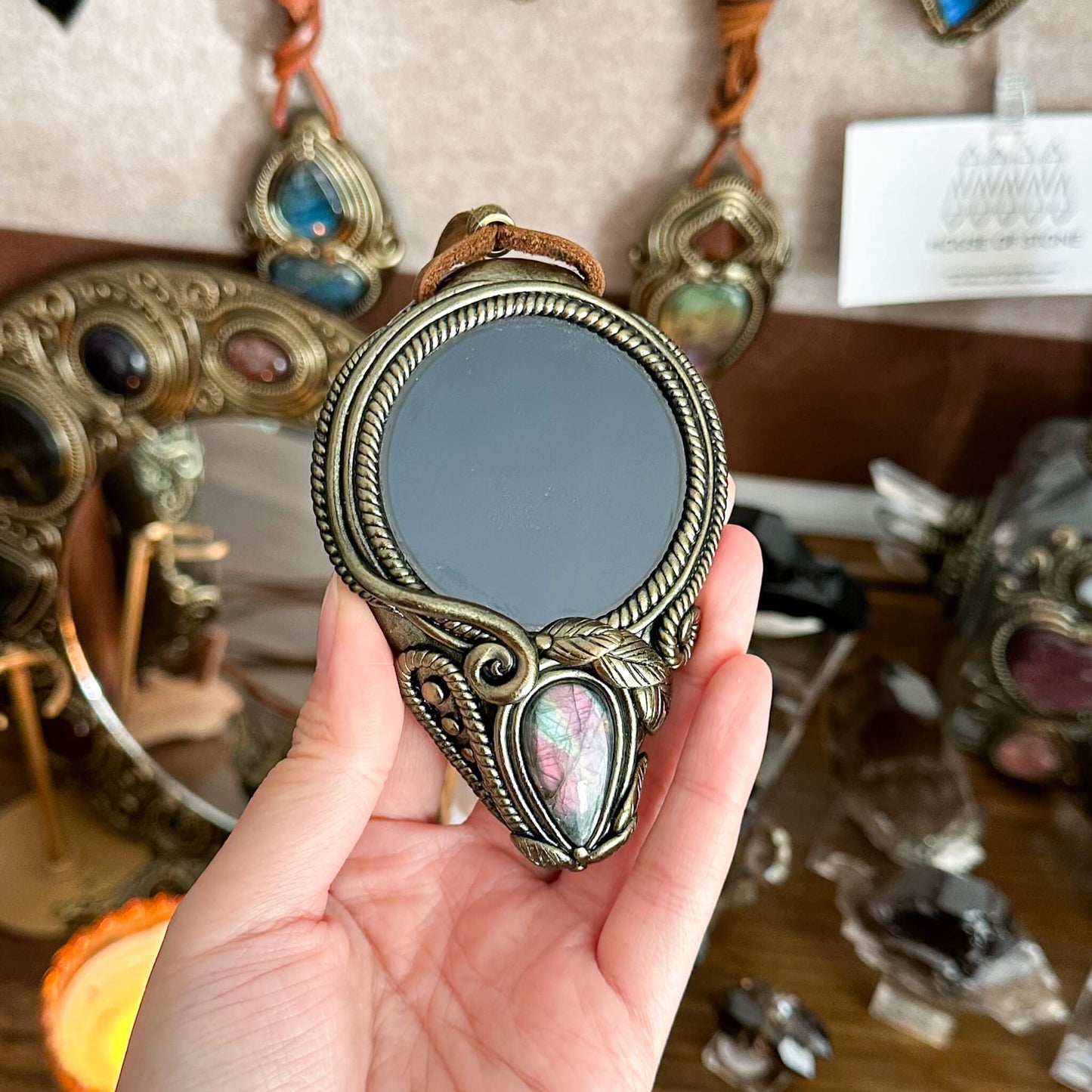 Handmade Natural Black Obsidian Pendant Necklace/Magic Obsidian Mirror Crystal Pendant/Scrying Mirror Labradorite Jewelry/Altar Tool