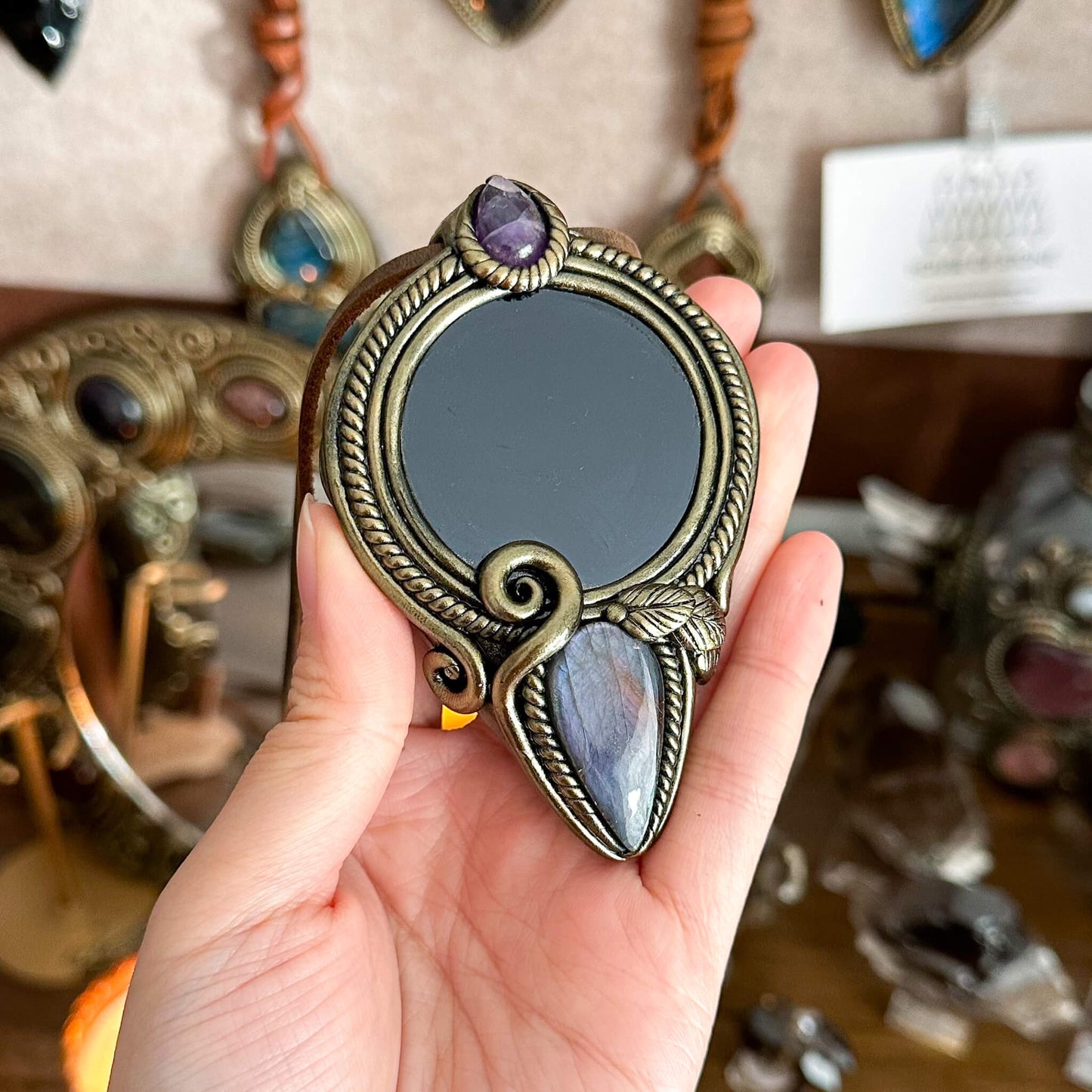 Handmade Natural Black Obsidian Pendant Necklace/Magic Obsidian Mirror Crystal Pendant/Scrying Mirror Labradorite Jewelry/Altar Tool