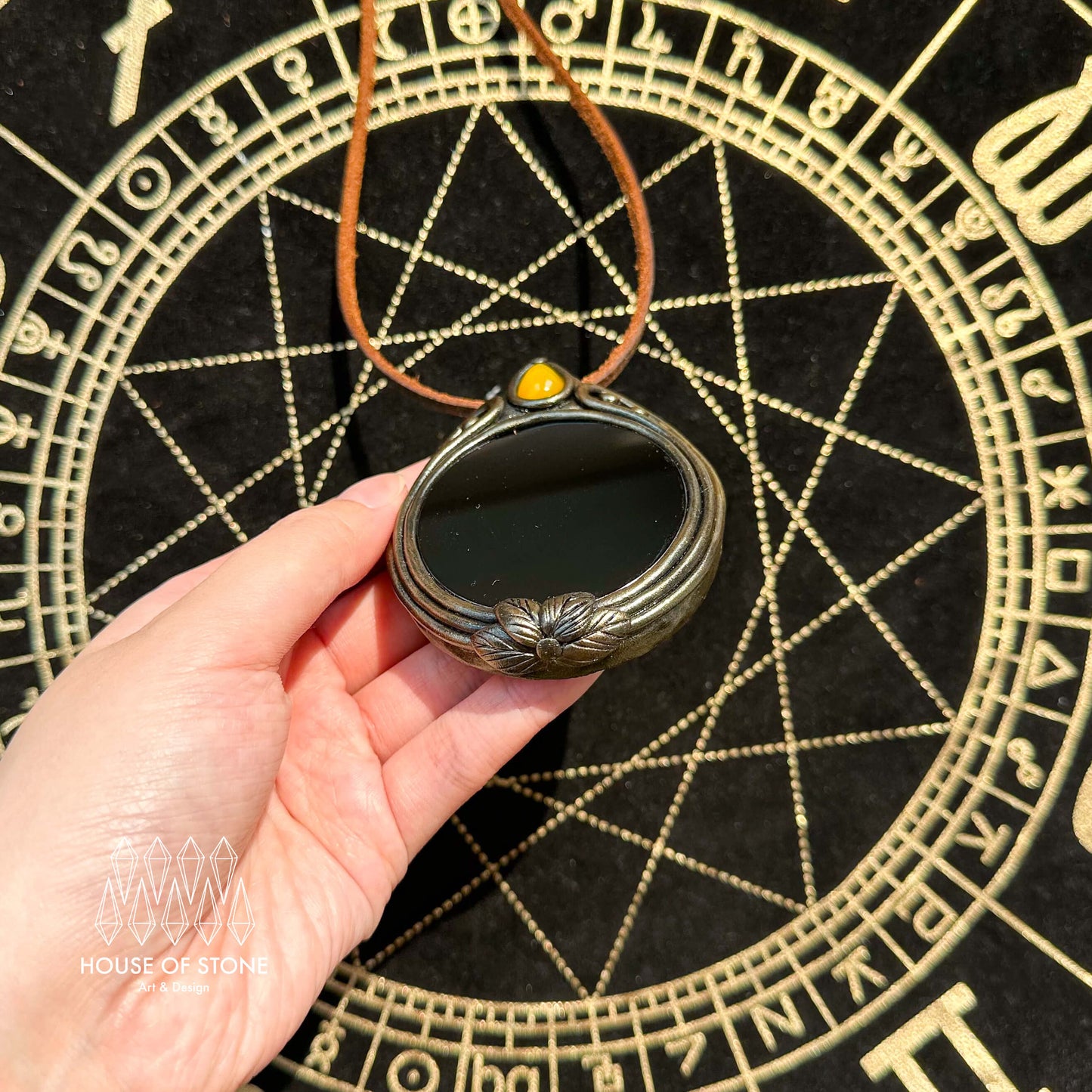 Handmade Natural Black Obsidian Pendant Necklace/Magic Obsidian Mirror Crystal Pendant/Scrying Mirror Talisman Protection Jewelry/Altar Tool