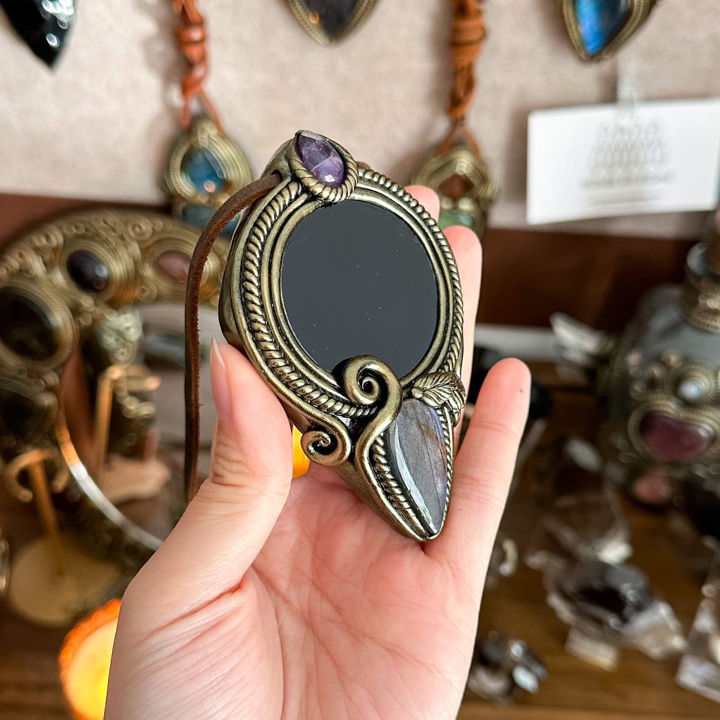 Handmade Natural Black Obsidian Pendant Necklace/Magic Obsidian Mirror Crystal Pendant/Scrying Mirror Labradorite Jewelry/Altar Tool