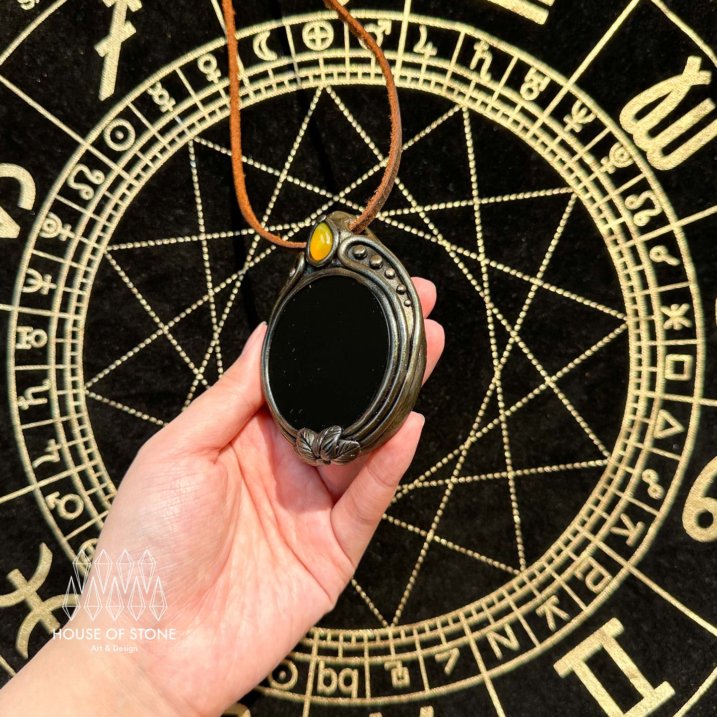 Handmade Natural Black Obsidian Pendant Necklace/Magic Obsidian Mirror Crystal Pendant/Scrying Mirror Talisman Protection Jewelry/Altar Tool