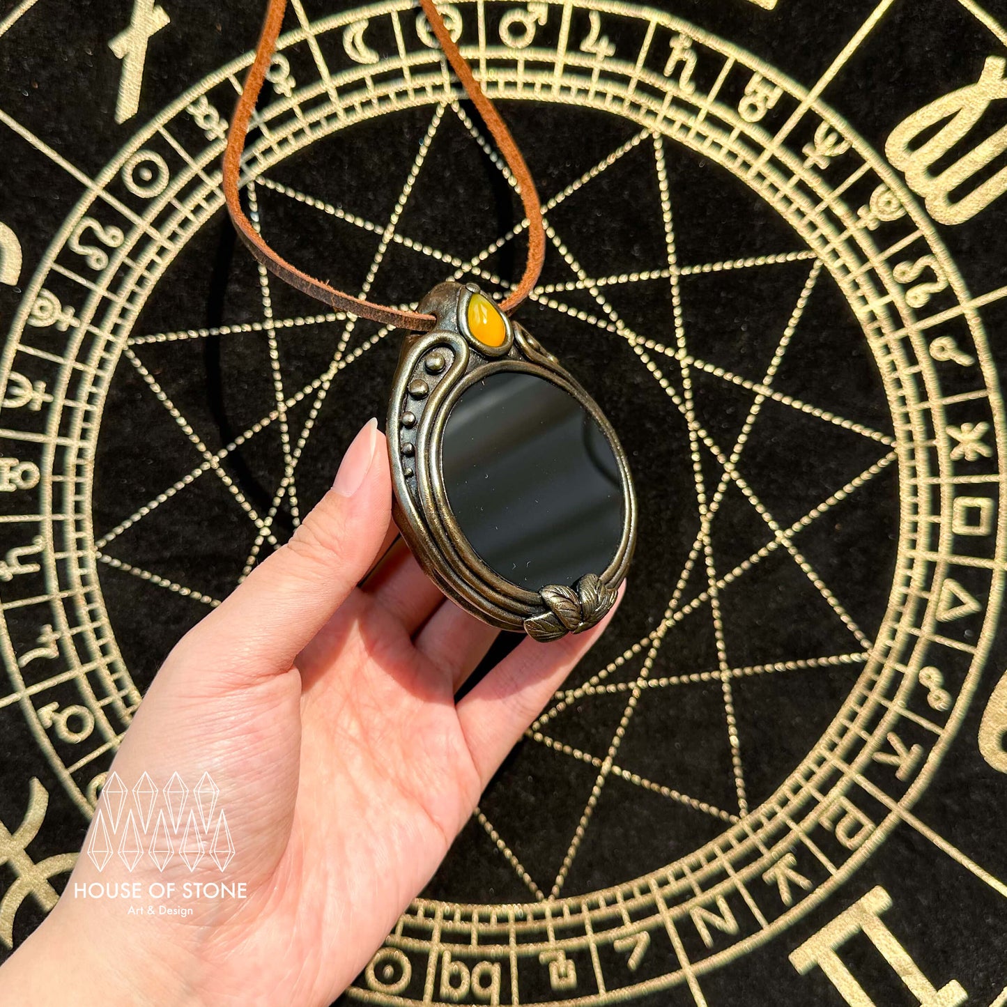 Handmade Natural Black Obsidian Pendant Necklace/Magic Obsidian Mirror Crystal Pendant/Scrying Mirror Talisman Protection Jewelry/Altar Tool