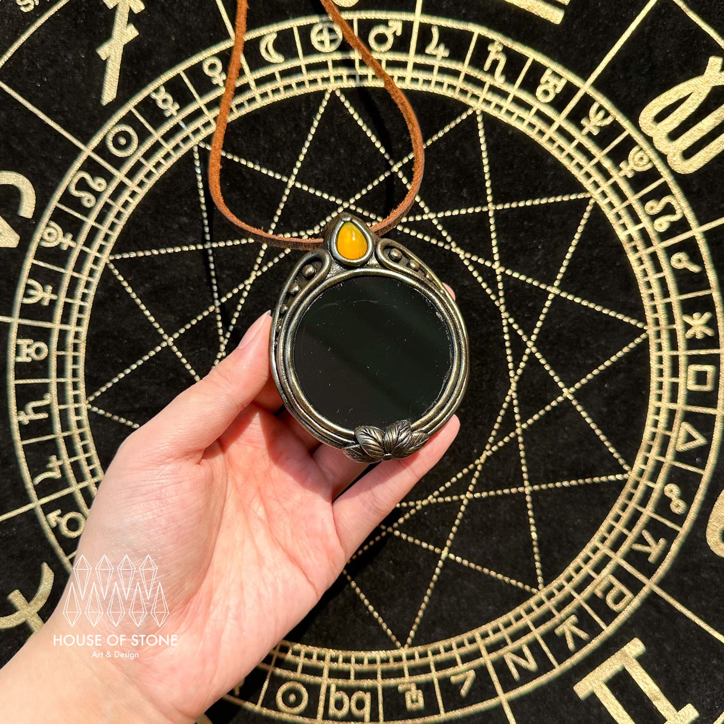 Handmade Natural Black Obsidian Pendant Necklace/Magic Obsidian Mirror Crystal Pendant/Scrying Mirror Talisman Protection Jewelry/Altar Tool
