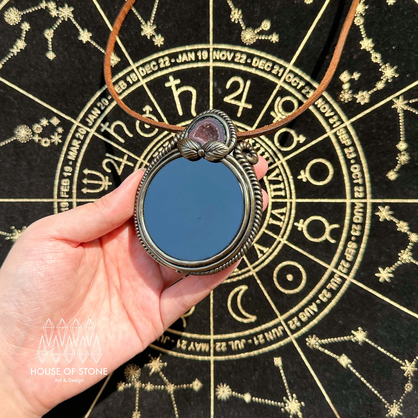Handmade Natural Black Obsidian Pendant Necklace/Magic Obsidian Mirror Crystal Pendant/Scrying Mirror Talisman Protection Jewelry/Altar Tool